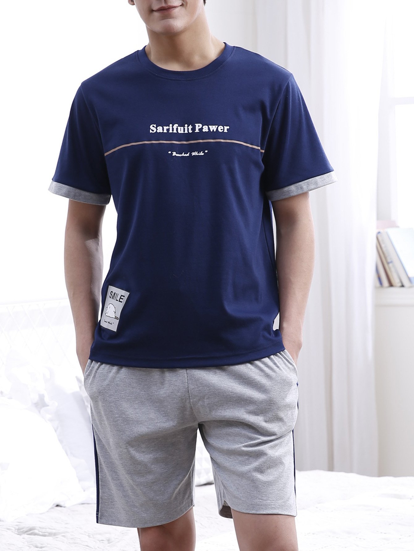 Men Contrast Binding Letter Print Pajama Set