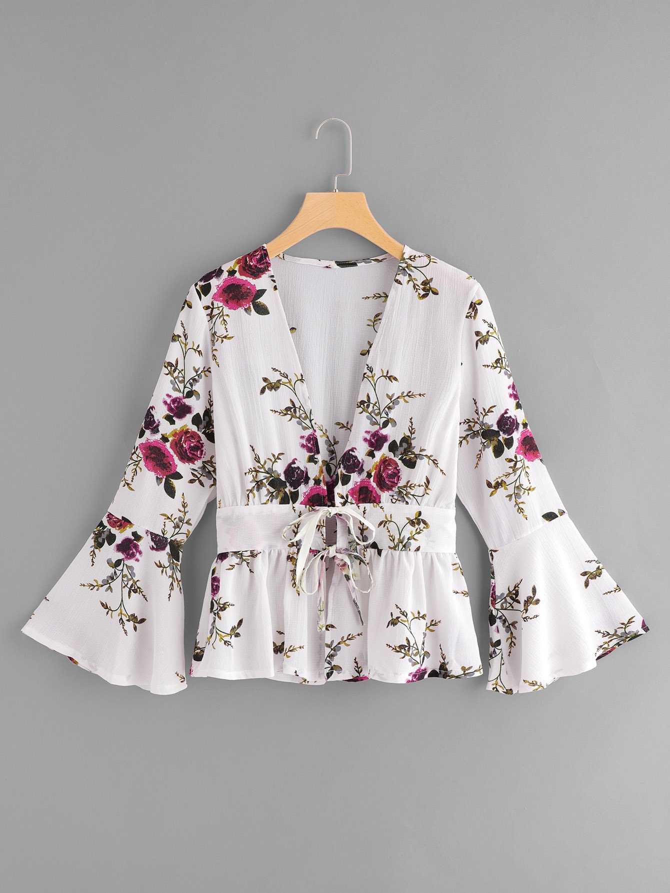 Floral Print Flounce Sleeve Knot Waist Blouse