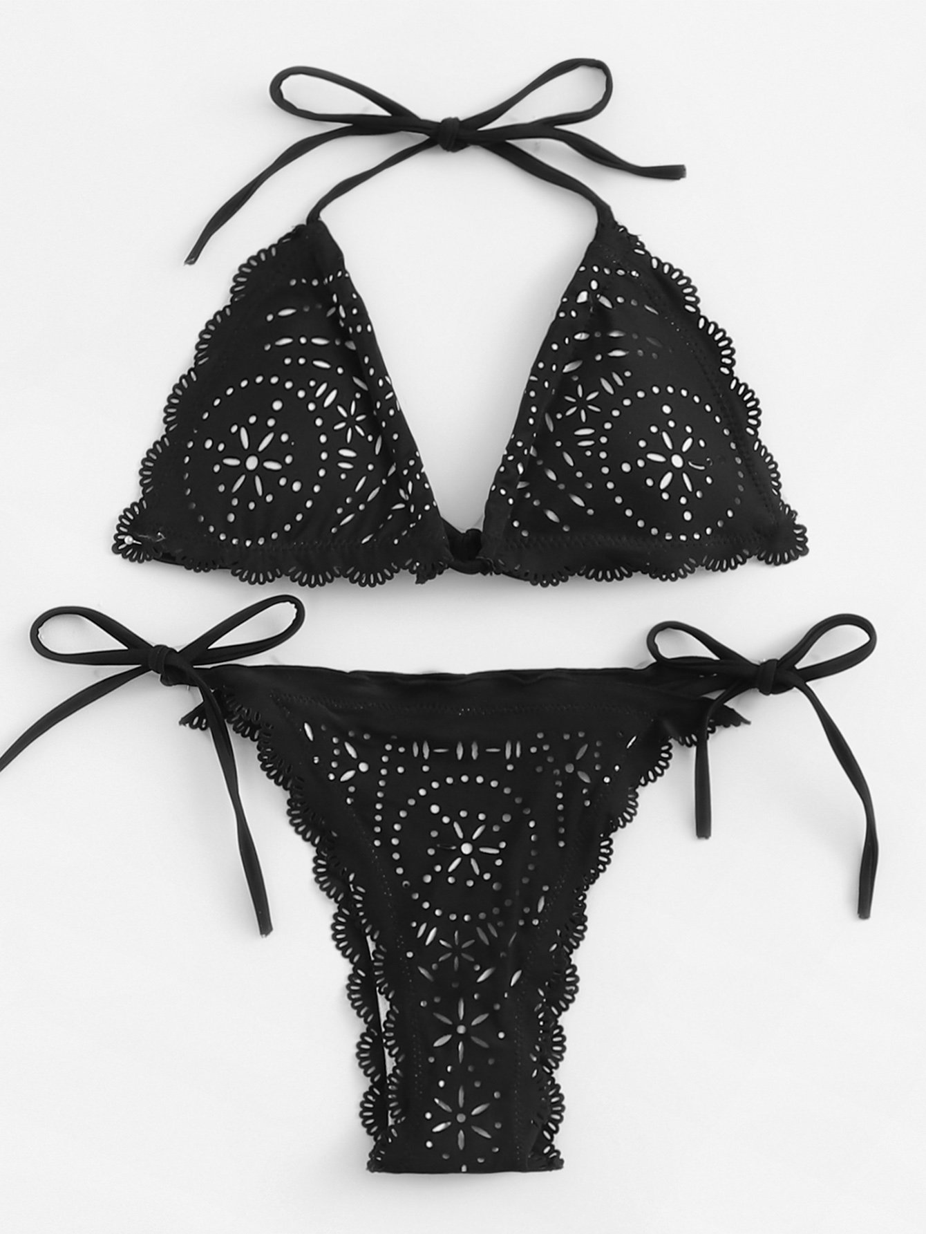 Hollow Out Scalloped Trim Tie Side Bikini Set