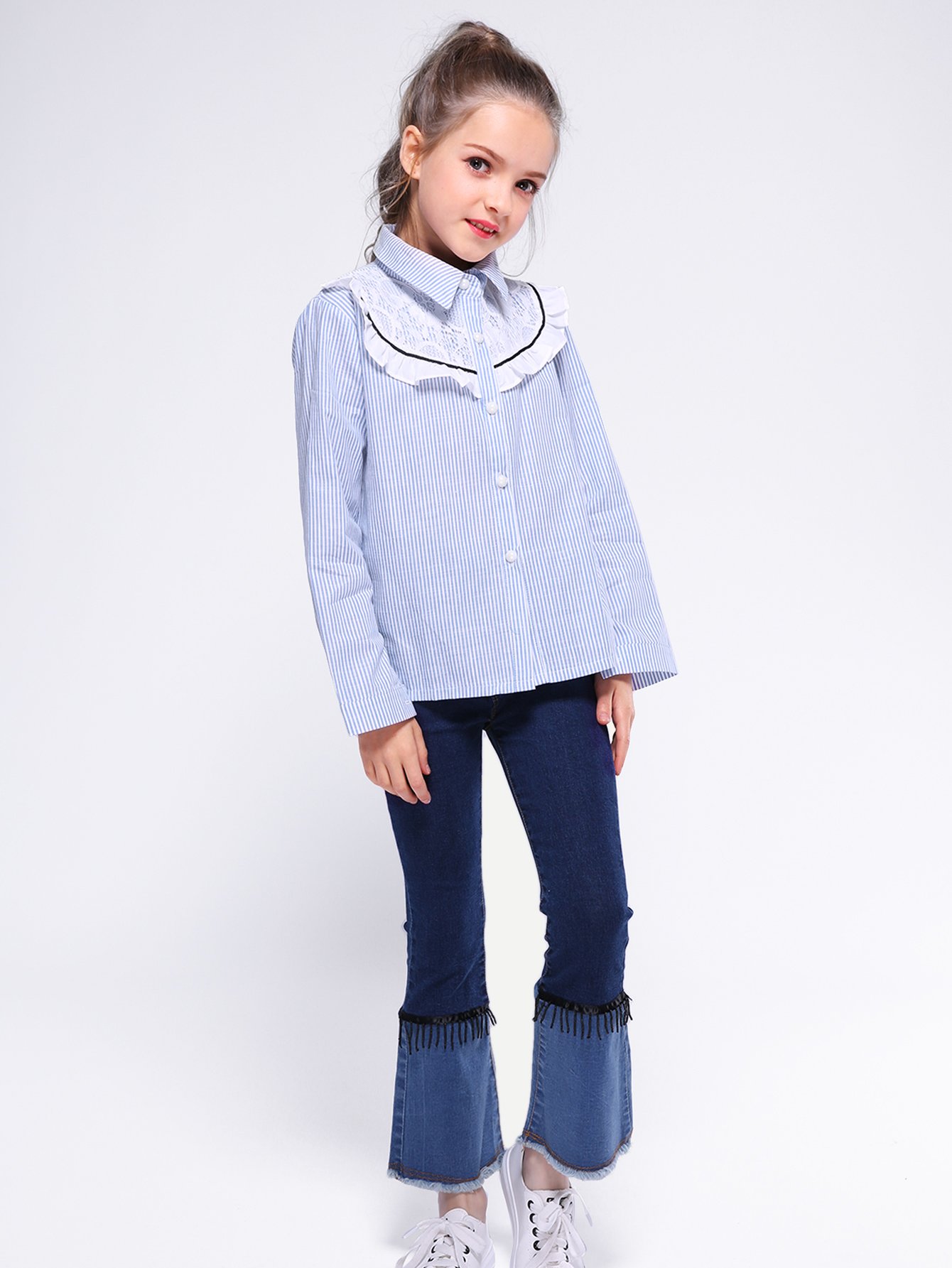Girls Frill Trim Contrast Lace Striped Blouse