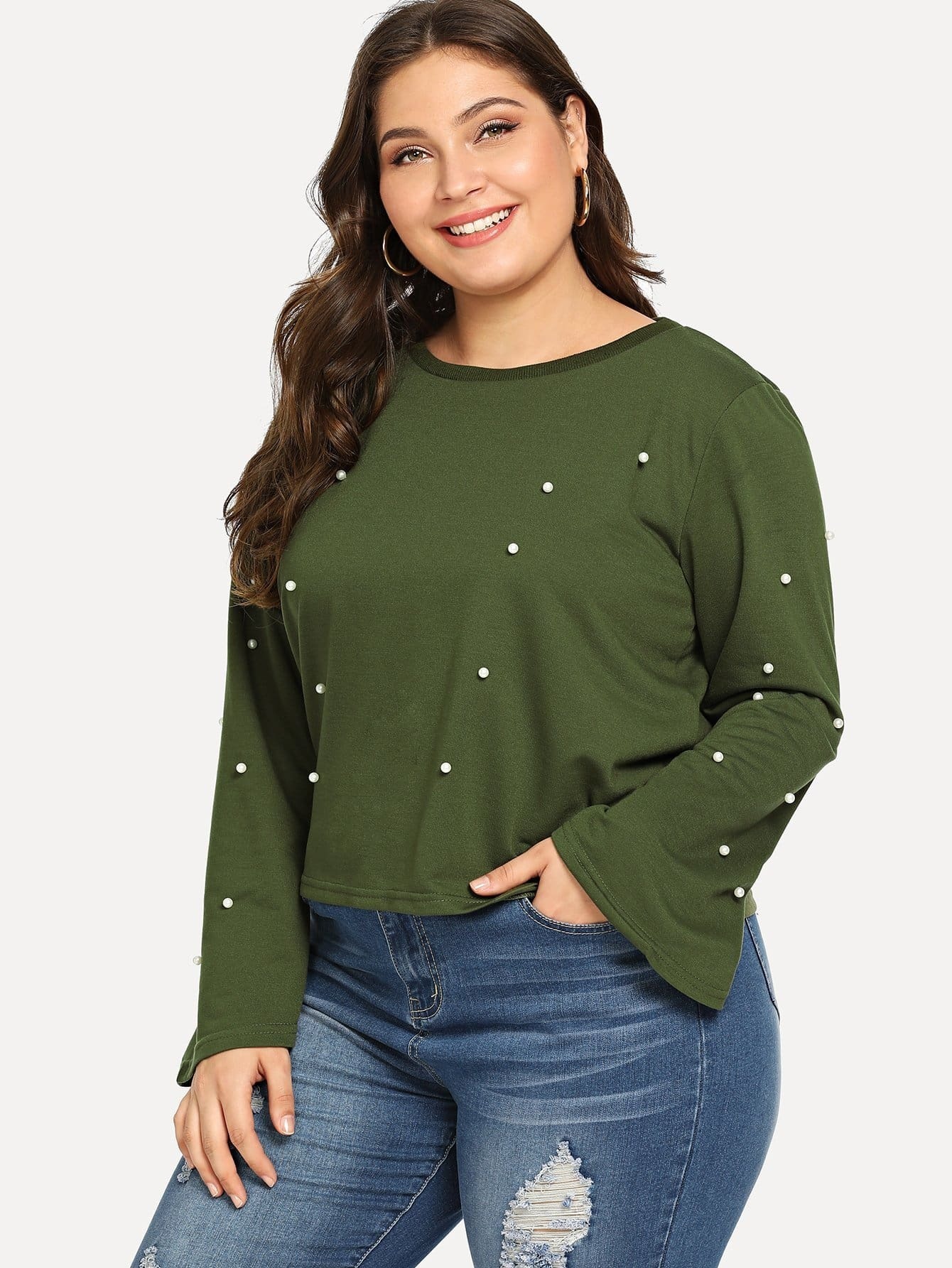 Plus Bell Sleeve Faux Pearl Beading Sweatshirt