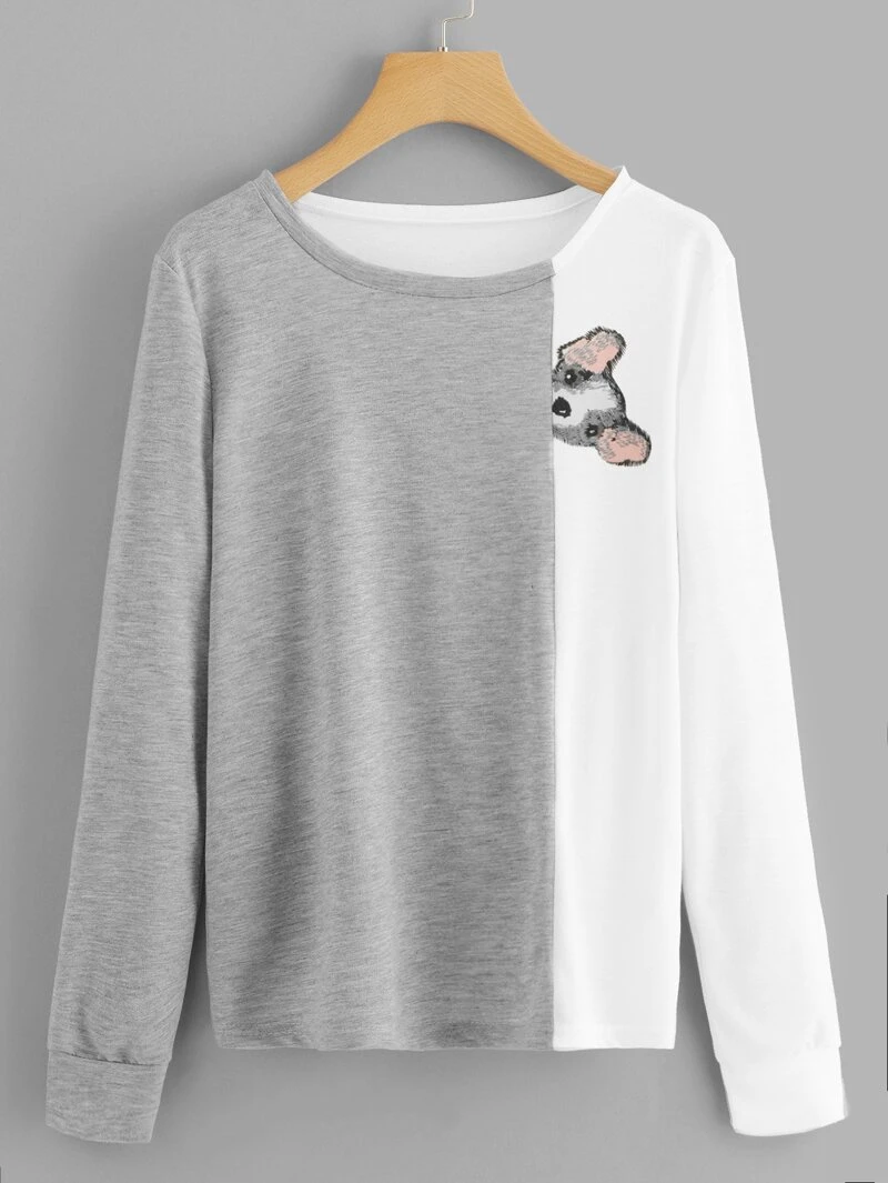 And Long Print Sleeve Dog Cut Sew Tee Sleeve EvgYWqU