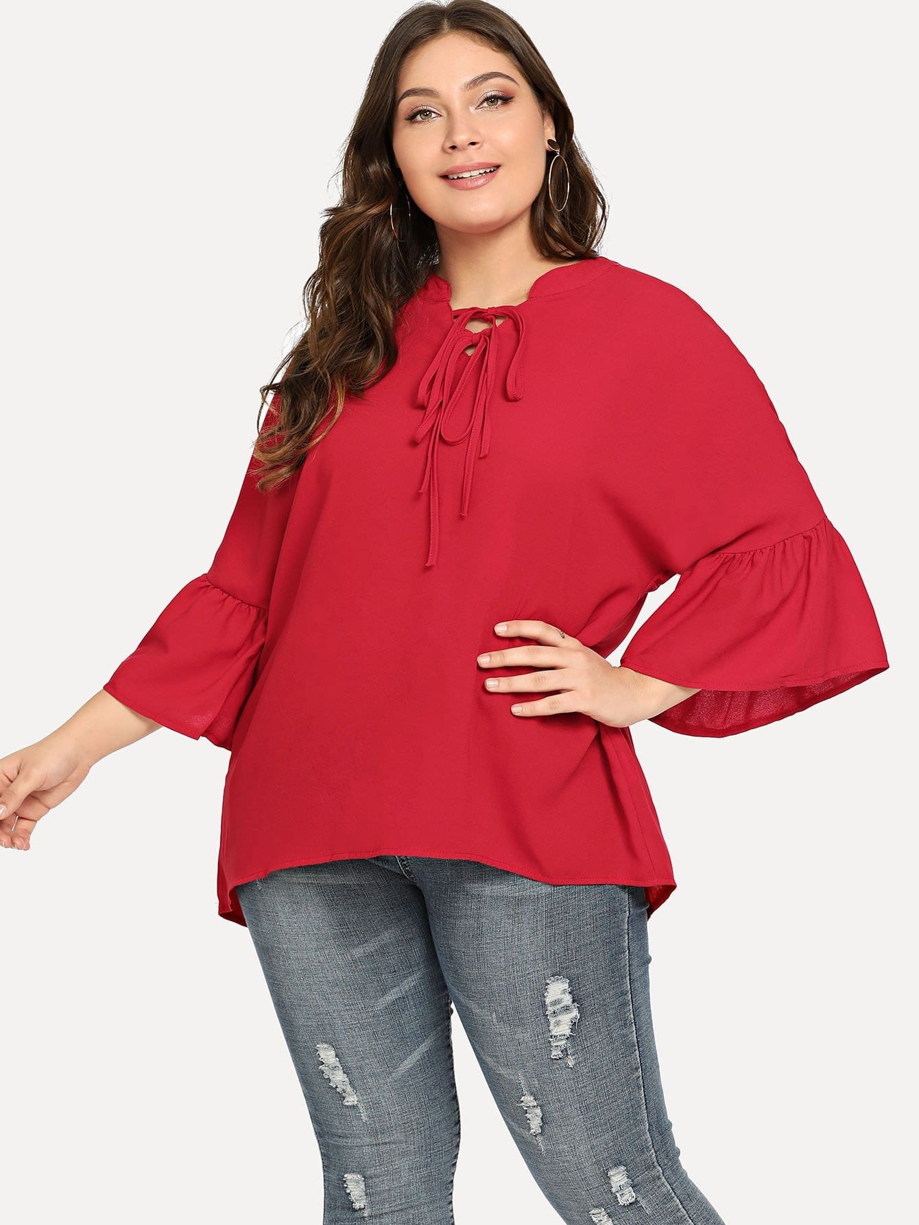 Плюс Tie Neck Flounce Sleeve Asymmetrical Top