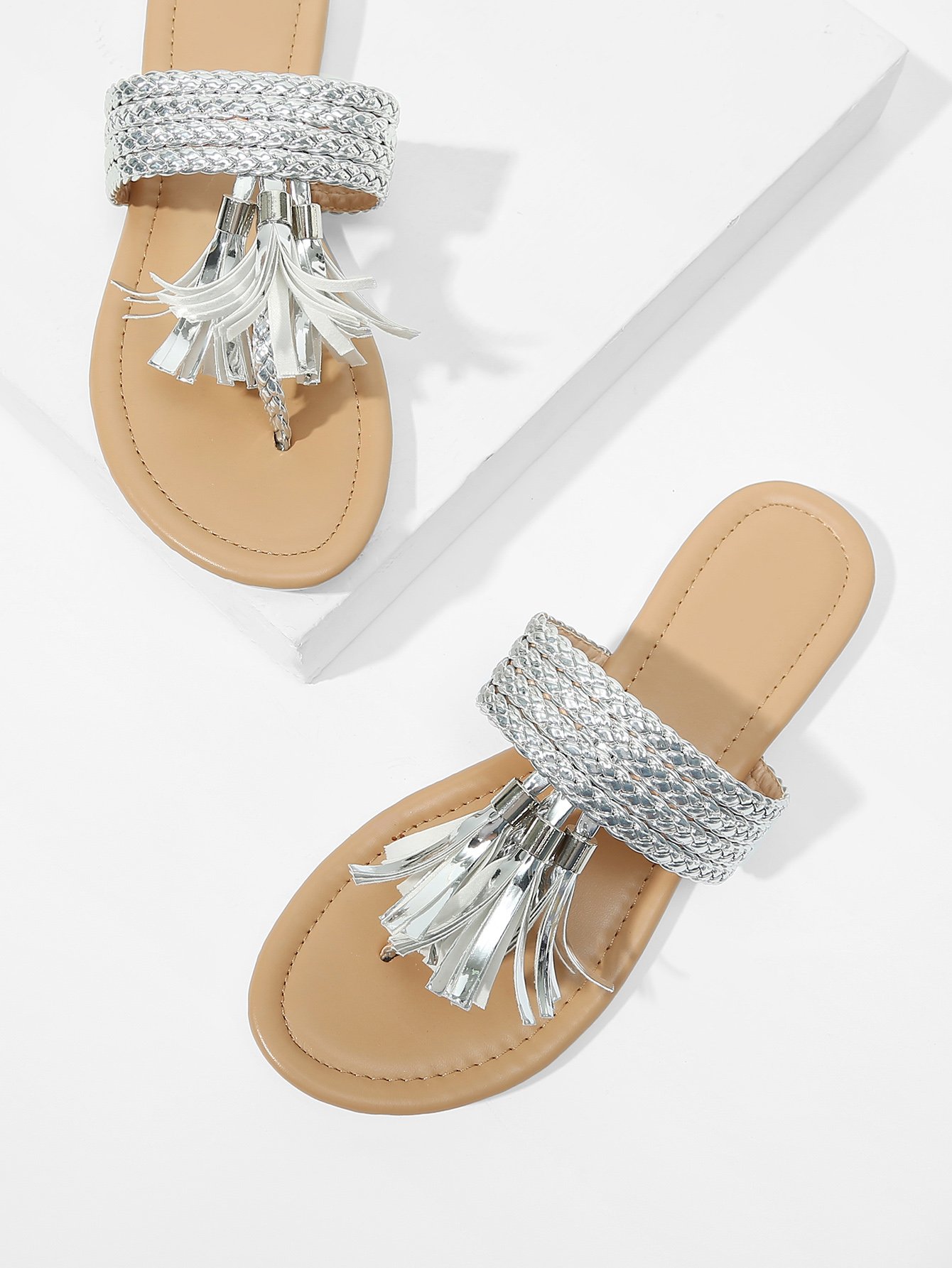 Plaited Strap Tassel Detail Toe Post Sandals