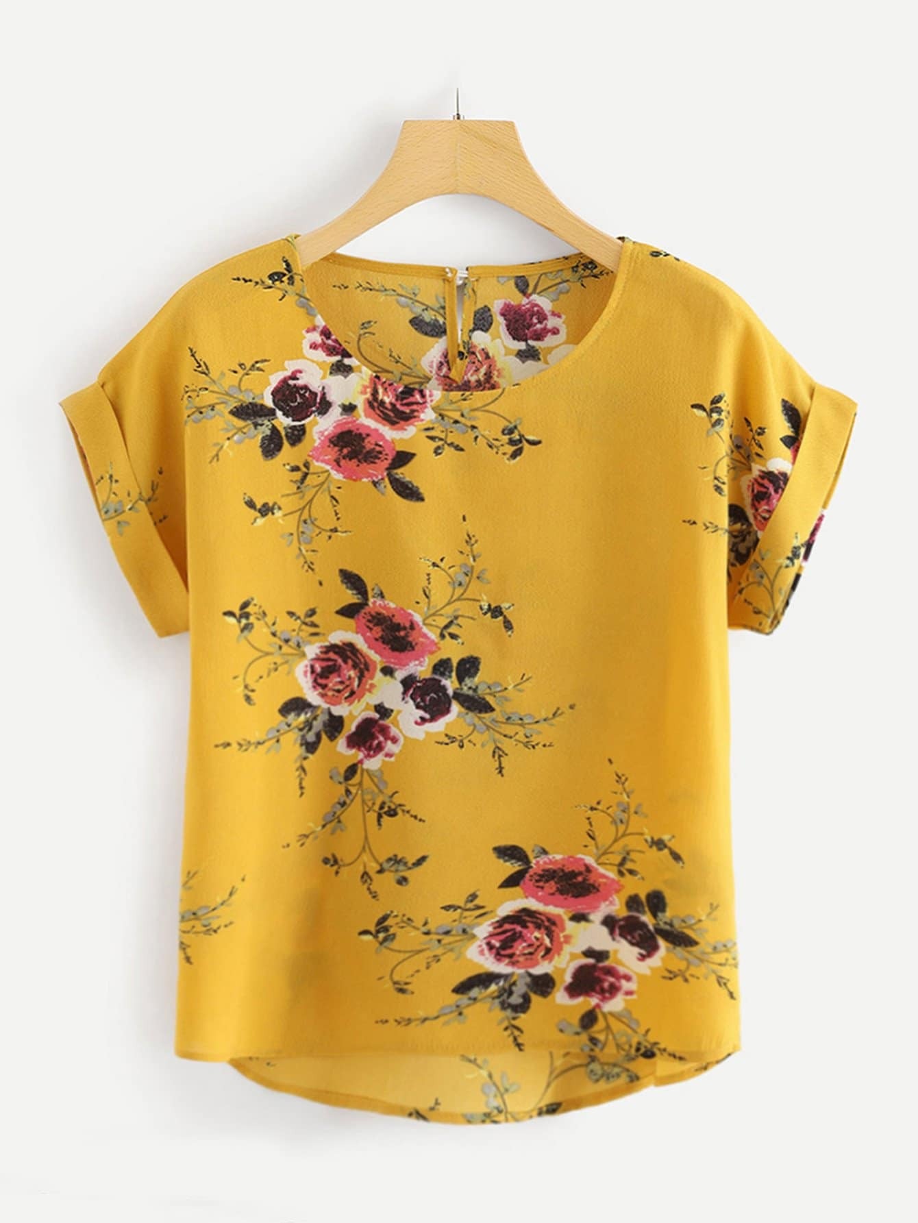Plus Floral Print Cut Out Back Asymmetrical Hem Blouse