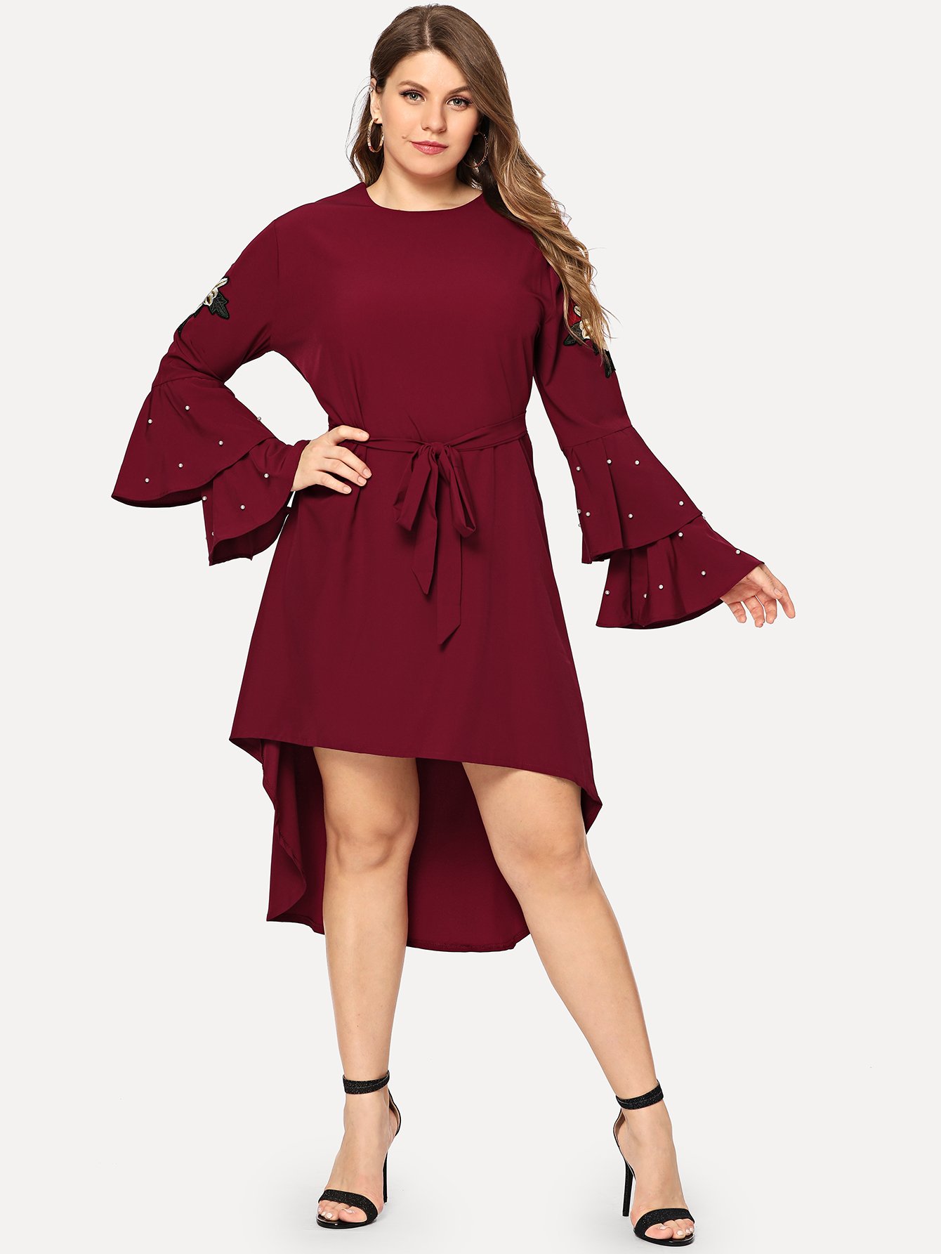 Plus Ruffle Sleeve Faux Pearl Beading Knot Dress