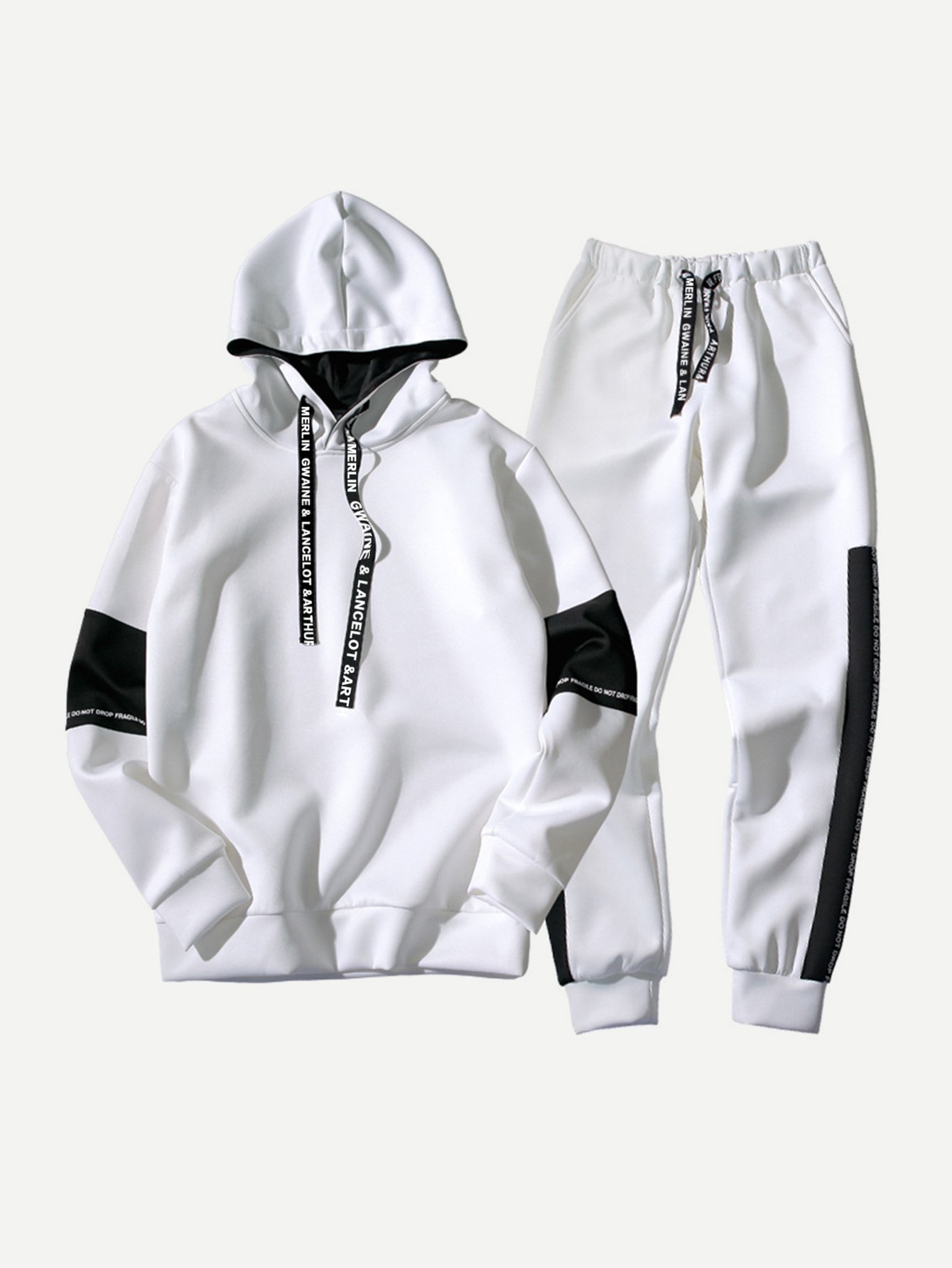 Men Contrast Panel Letter Print Hooded Sweatshirt With Drawstring Pants