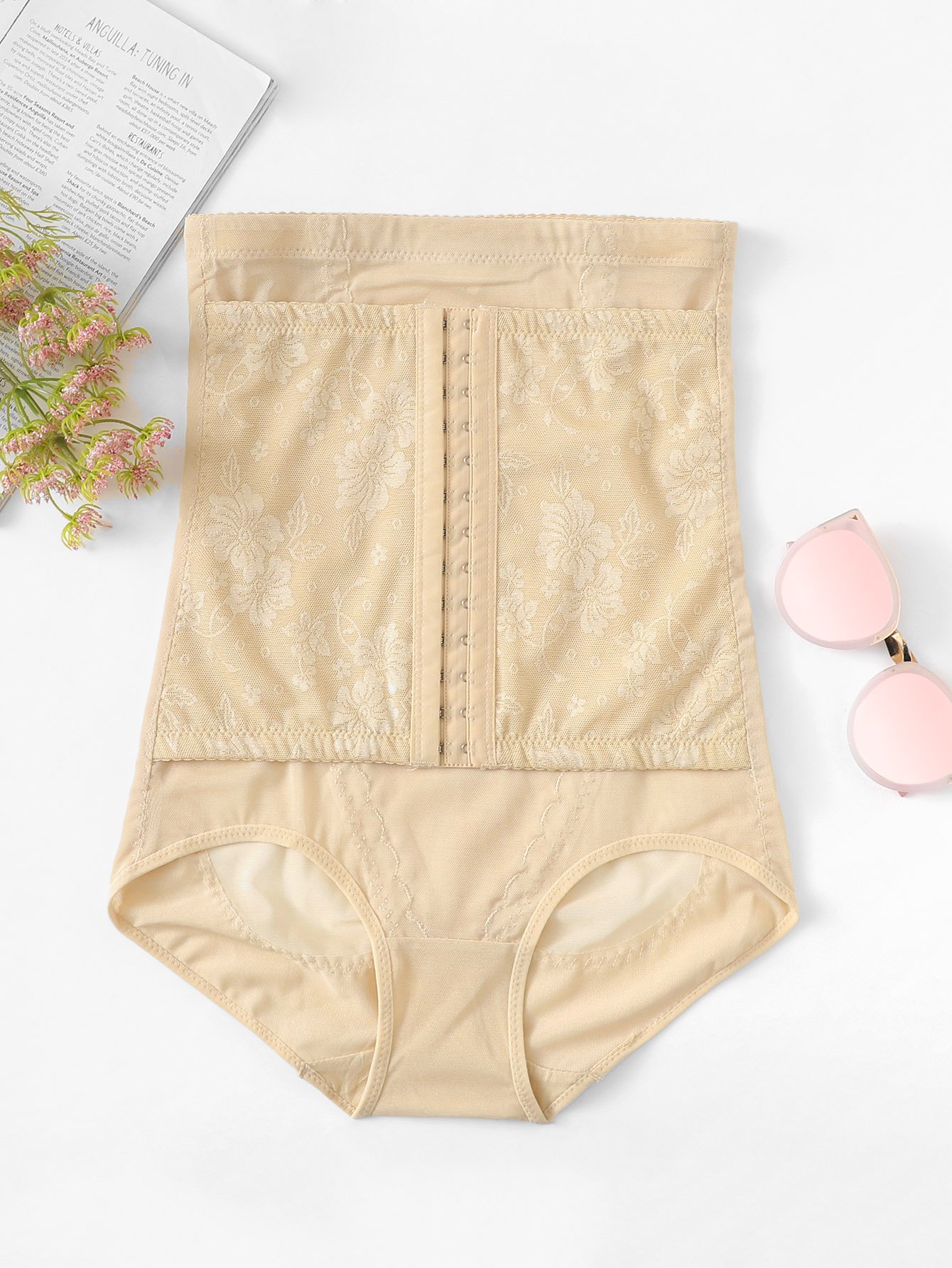 Plus High Waist Hook Front Floral Shapewear Panty