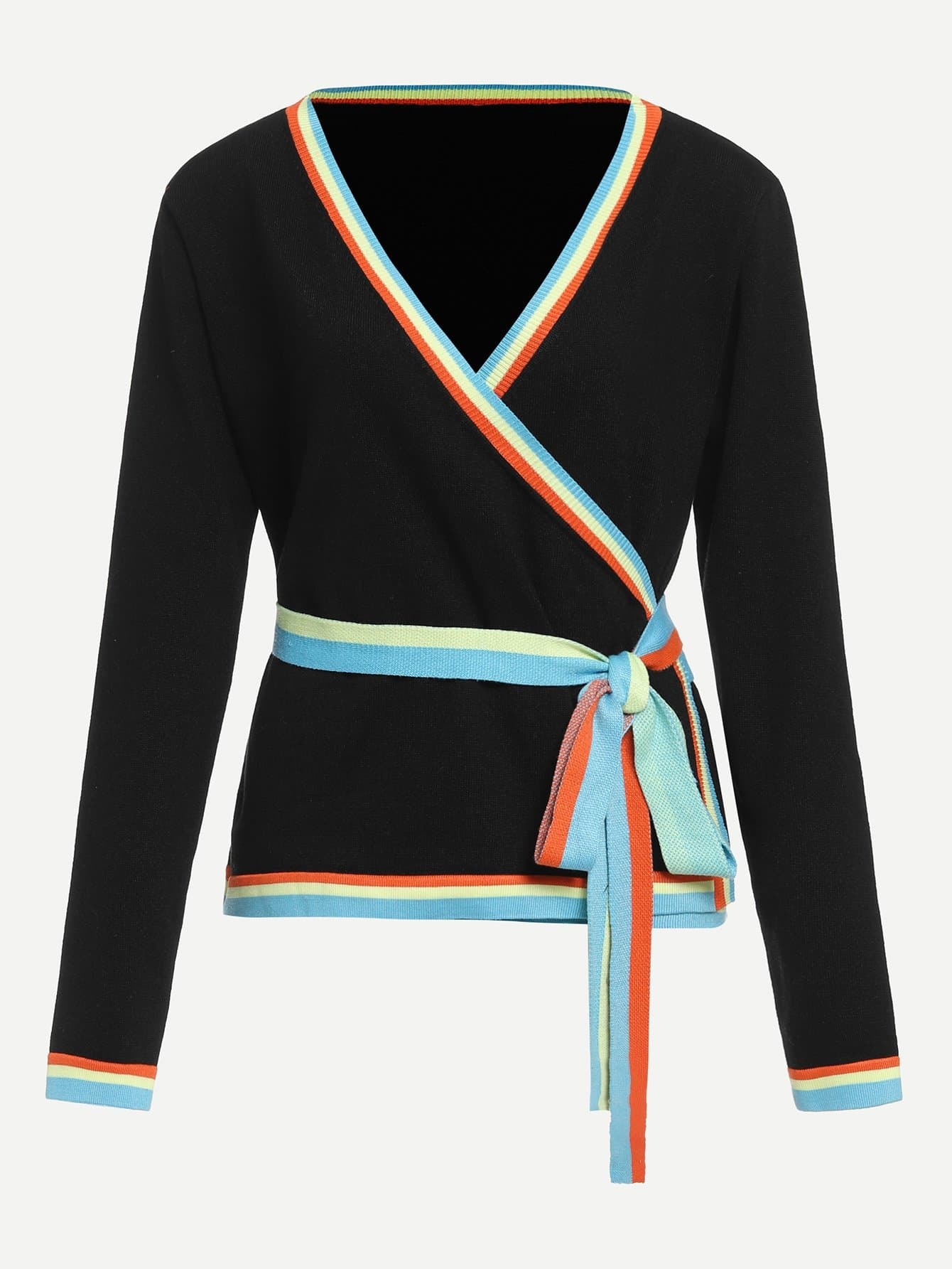 Контрастный полосатый свитер на запах