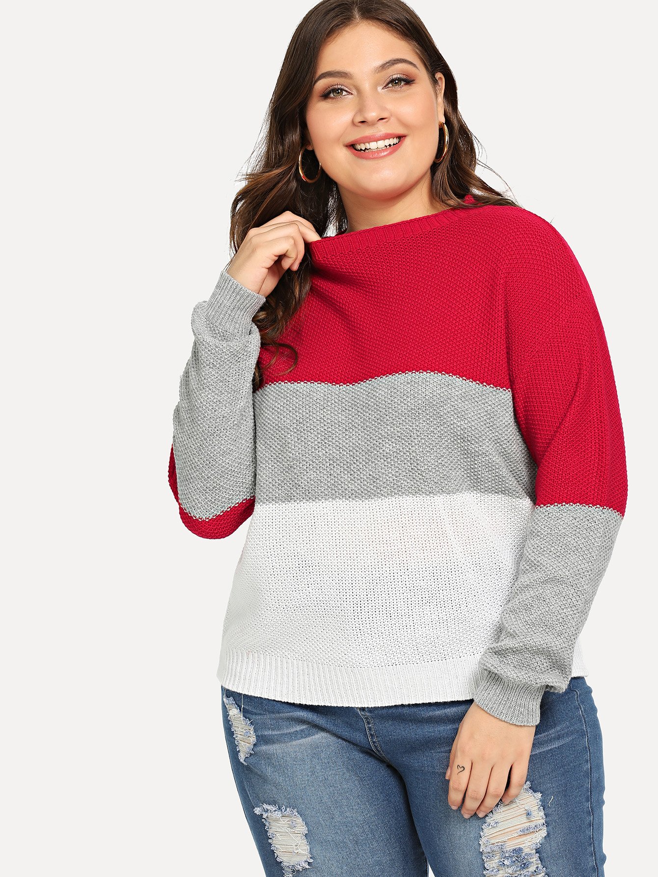 Плюс размеры цветный кусковой свитер