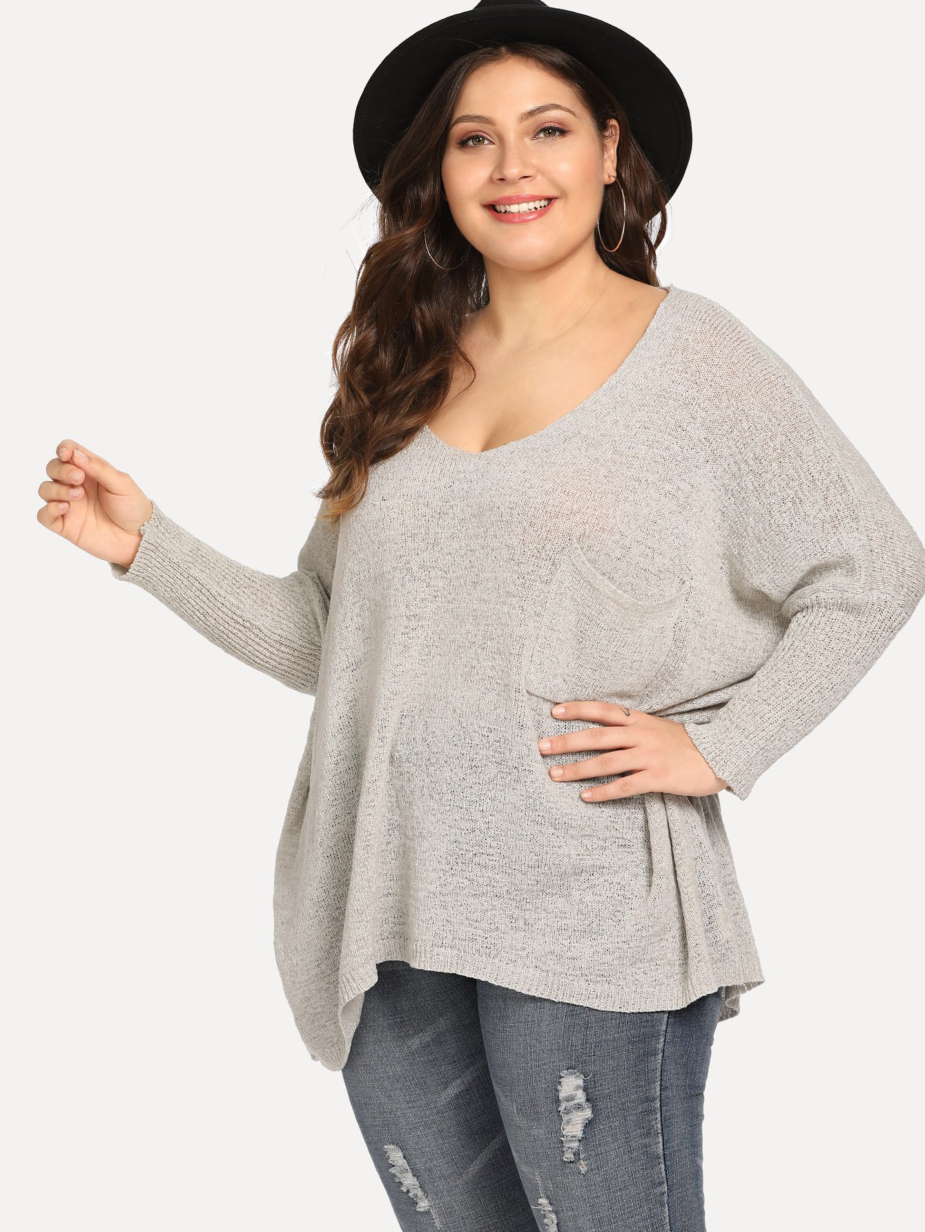 Плюс размеры полупрозрачный свитер с карманом