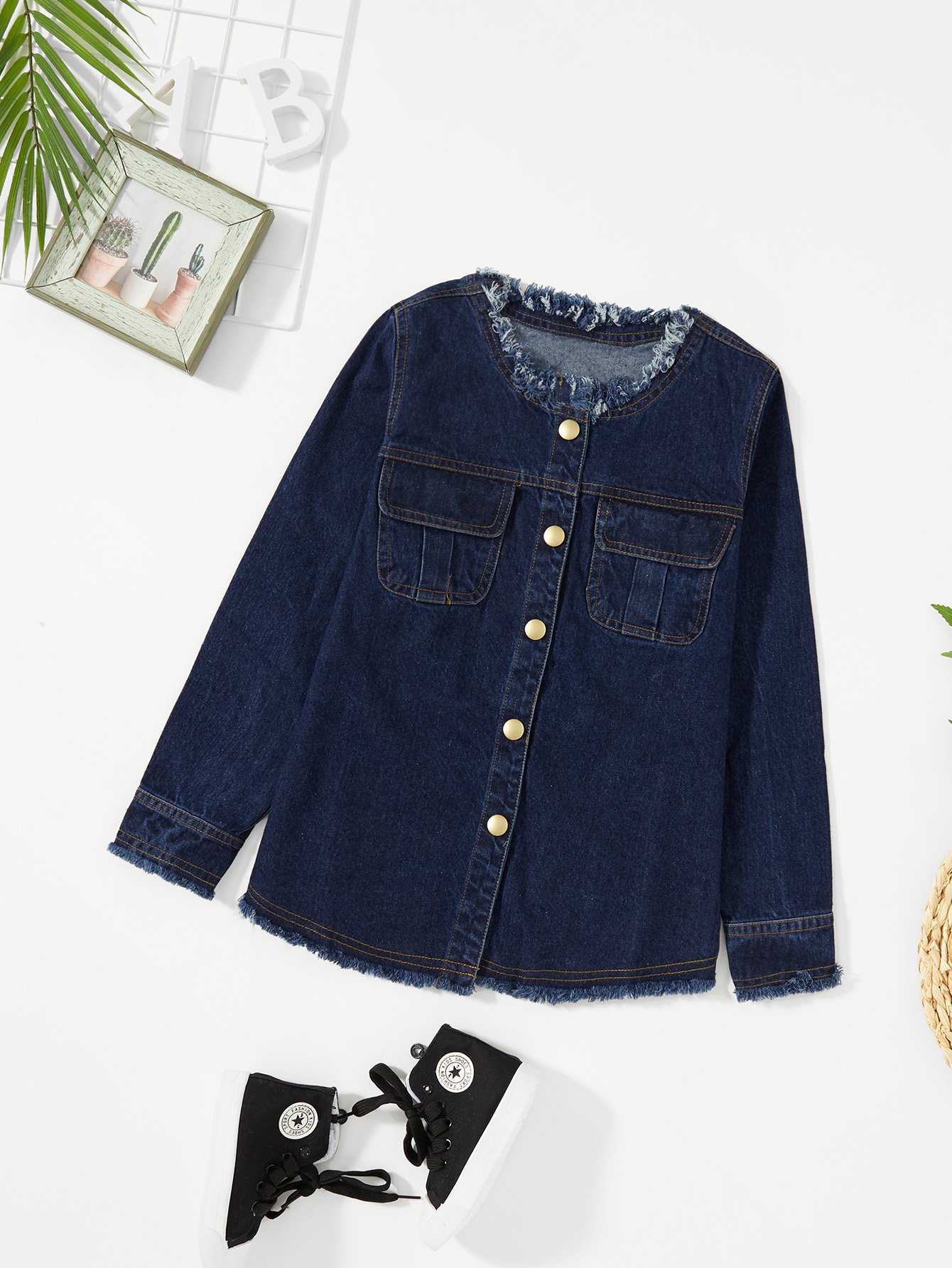 Girls Raw Hem Pocket Decoration Denim Jacket