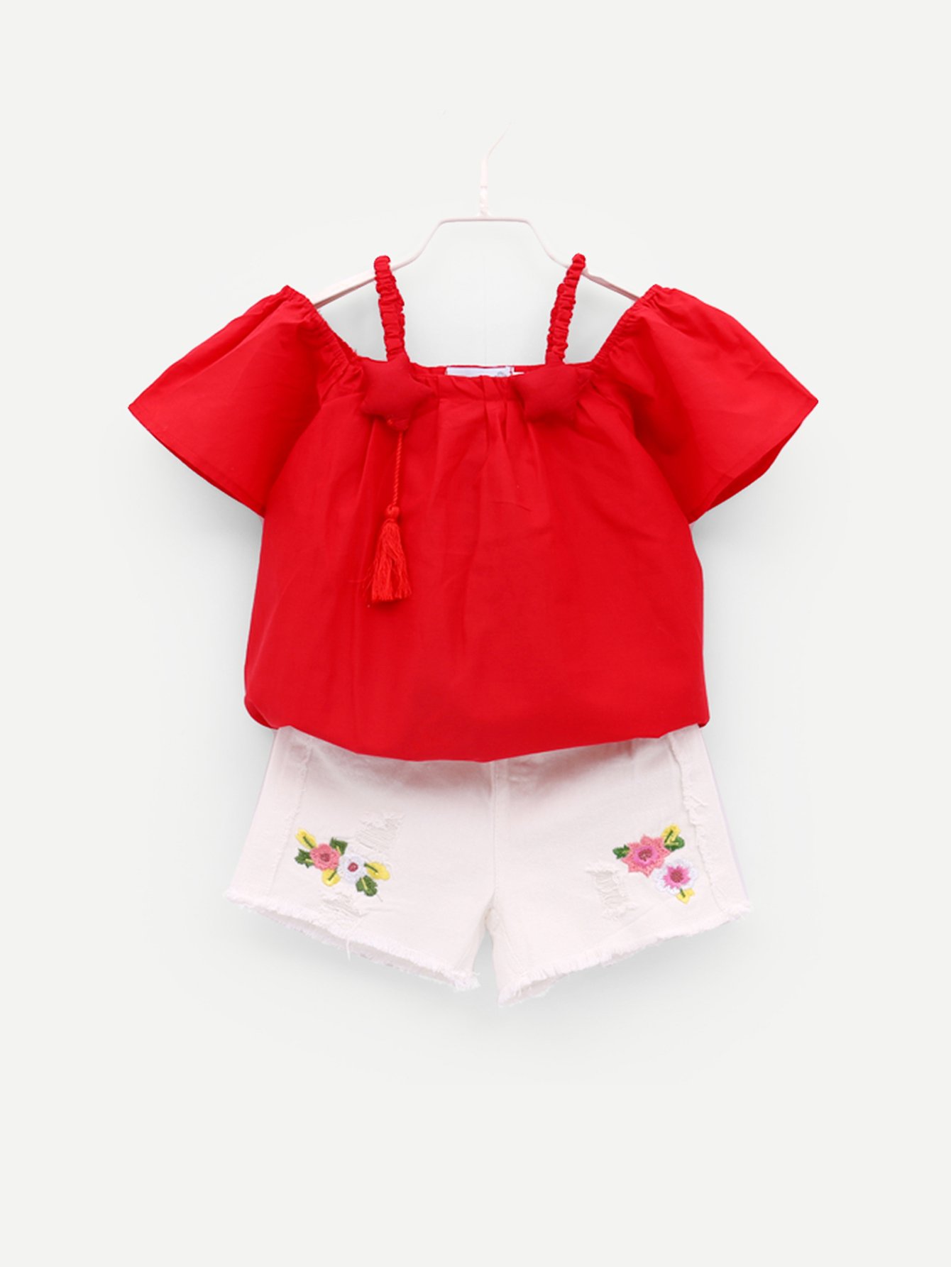 Girls Solid Top With Raw Hem Embroidered Shorts