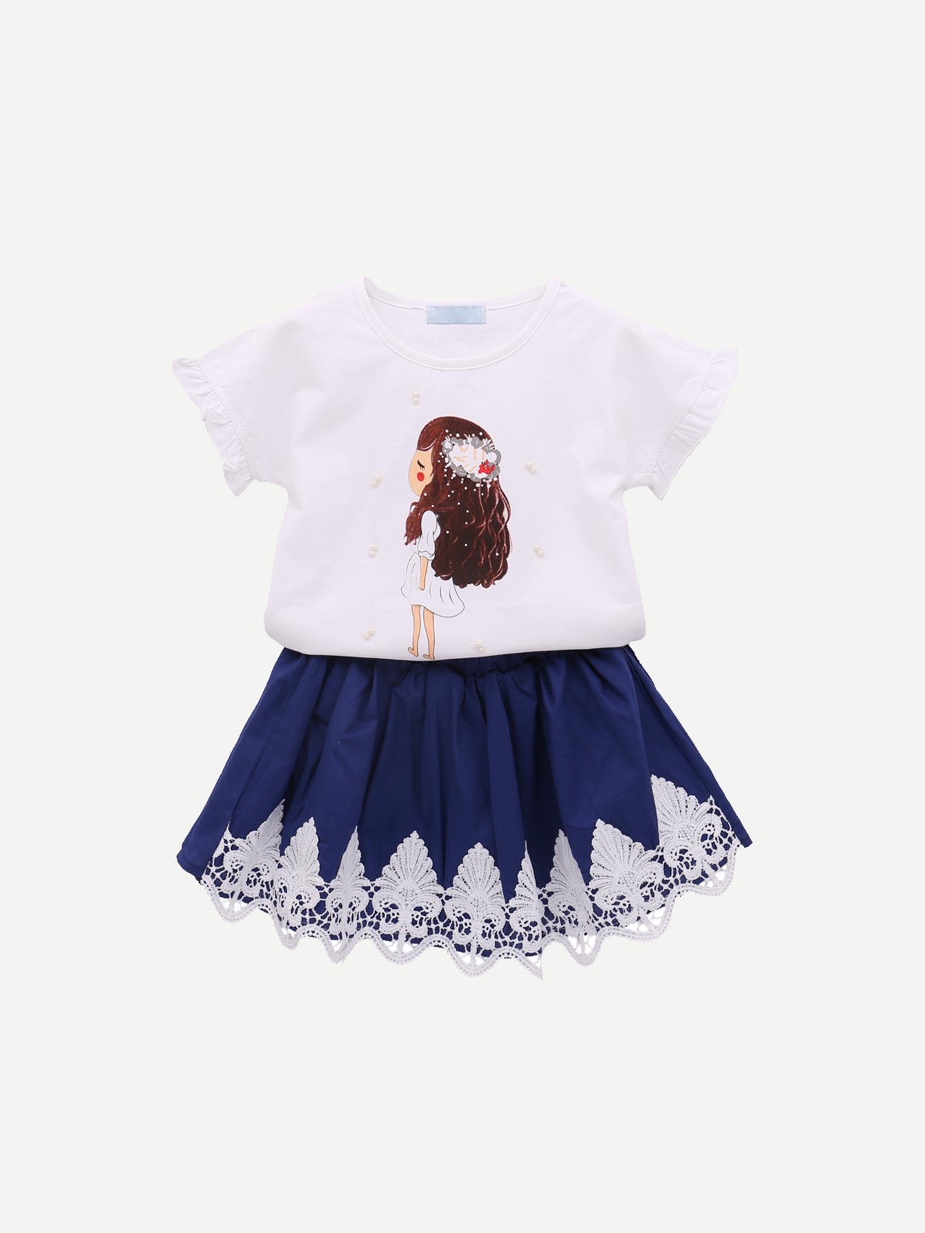 Girls Cartoon Print Tee With Lace Trim Skirt