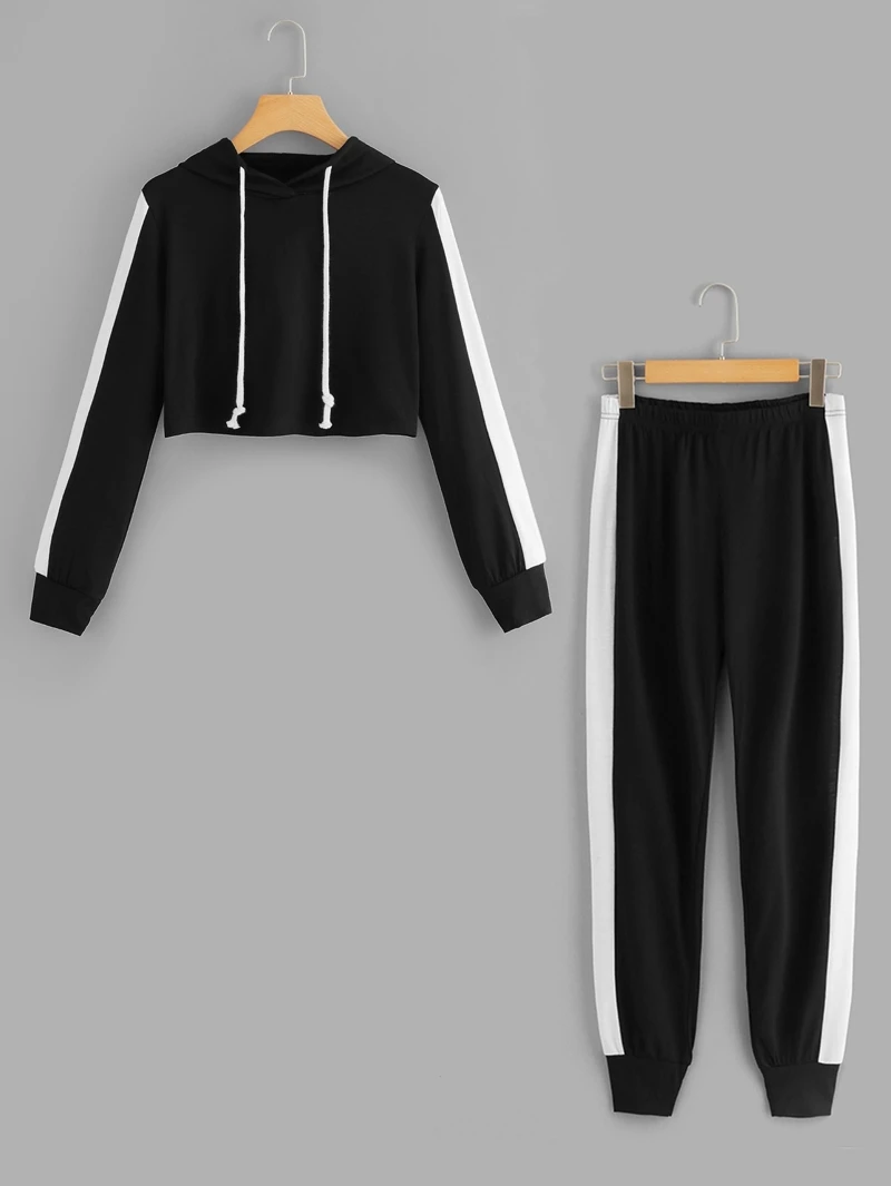 Drawstring Long With Sleeve Black Hooded Sleeve PantHooded Top ffrUwqv