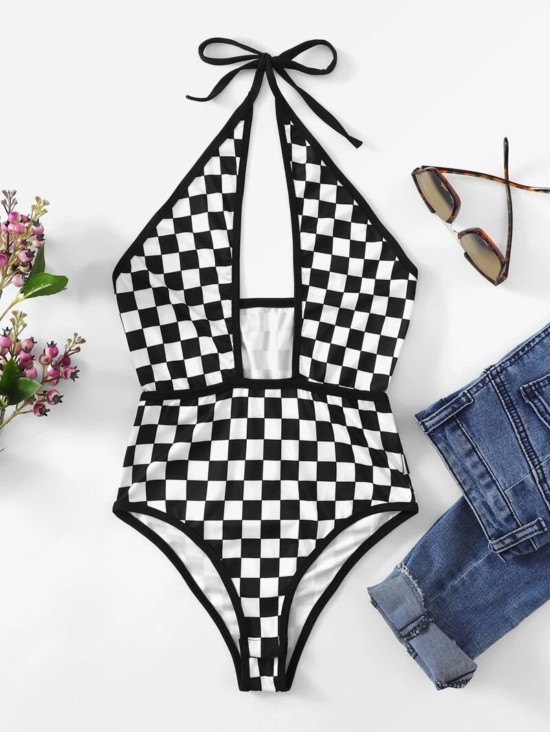 Sleeveless Gingham Sleeve Bodysuit Black Cut Out Halter 5qXUwYx