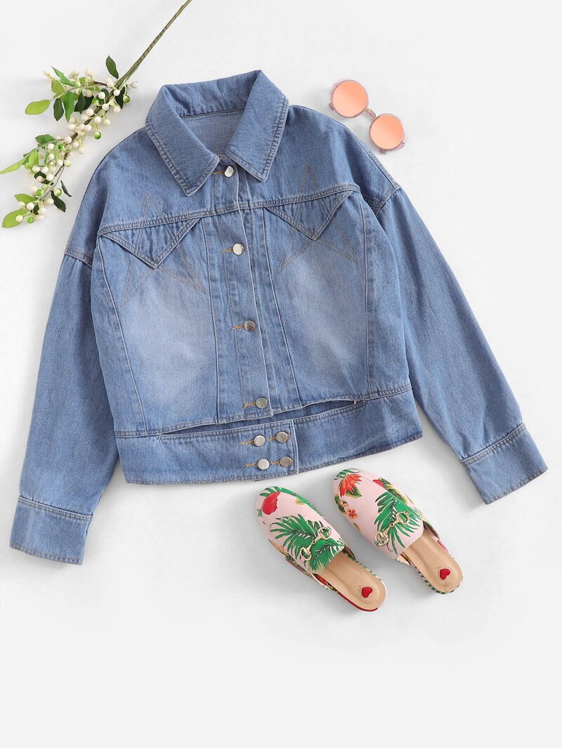 Denim Drop Shoulder Single Breasted Jacket, Blue