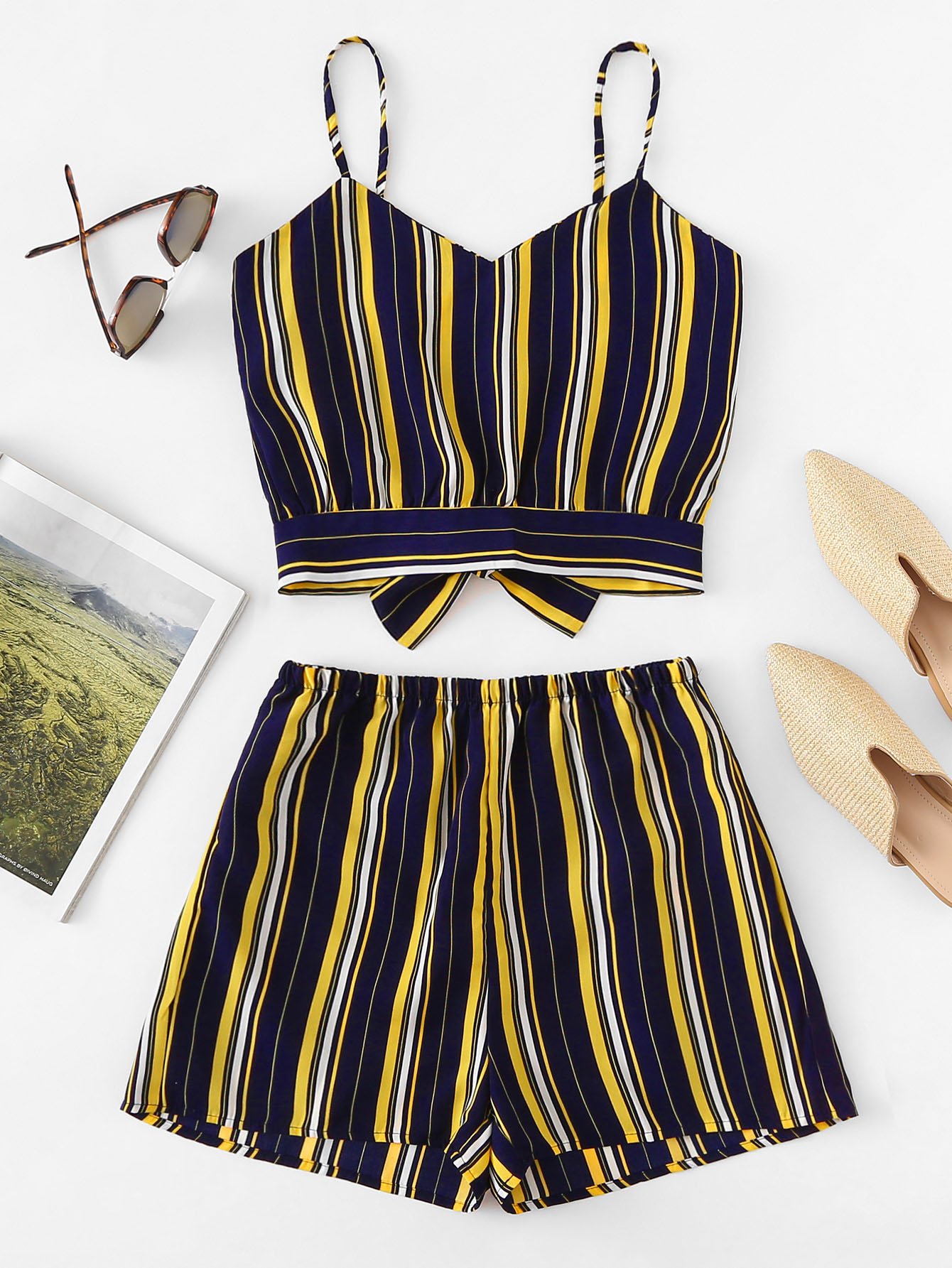 Striped Random Split Bow Tie Back Cami Top With Shorts