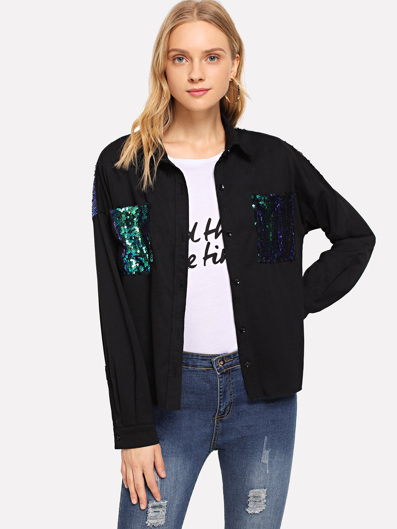 Single Breasted Contrast Sequin Pocket Jacket