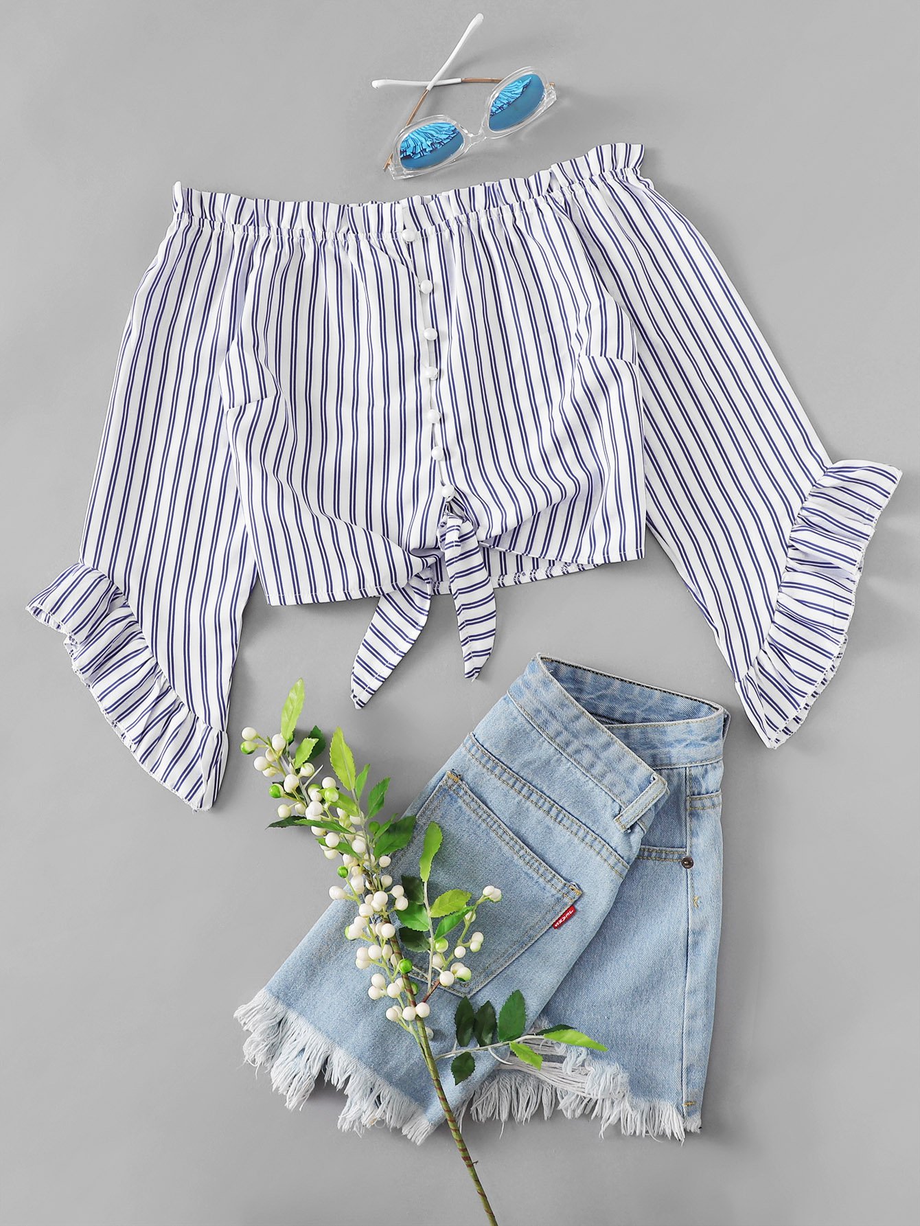 Striped Ruffle Trim Off The Shoulder Knot Blouse