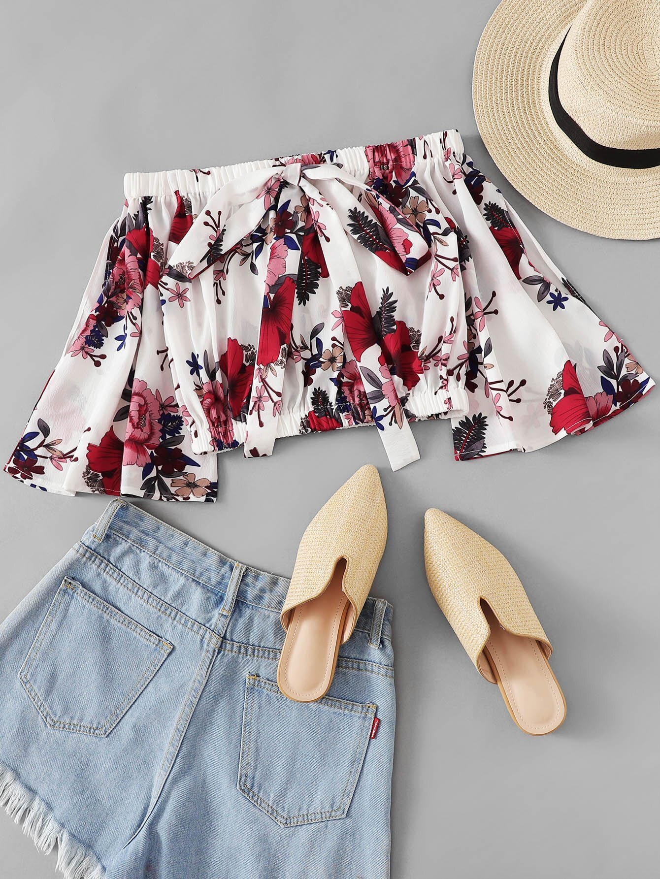 Floral Print Tie Neck Off The Shoulder Blouse