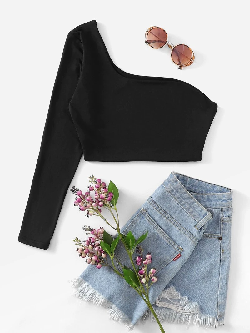 Crop Sleeve Sleeve Long Shoulder Tee Solid Cold AqfYF7wA
