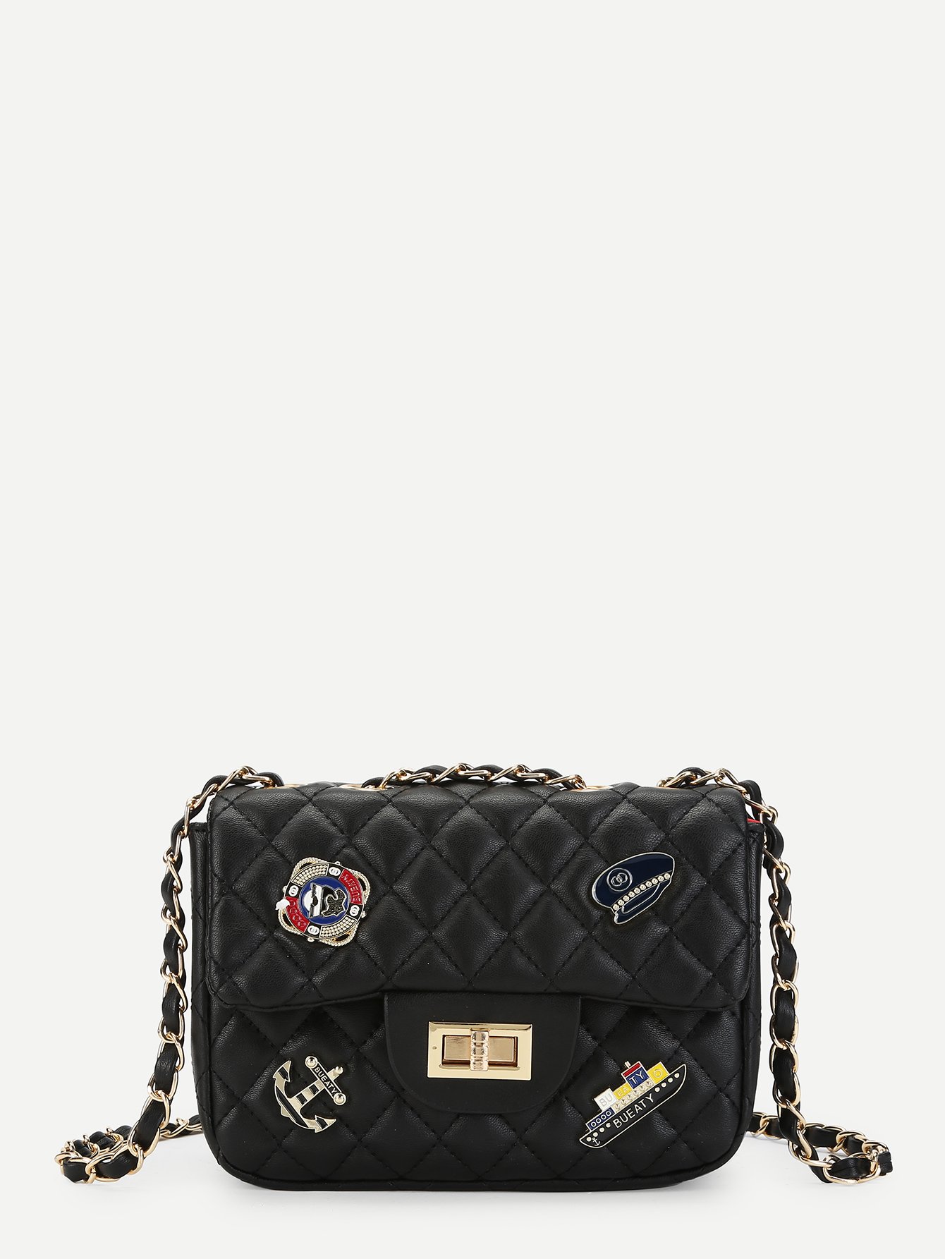 Quilted Flap Crossbody Chain Bag With Badges