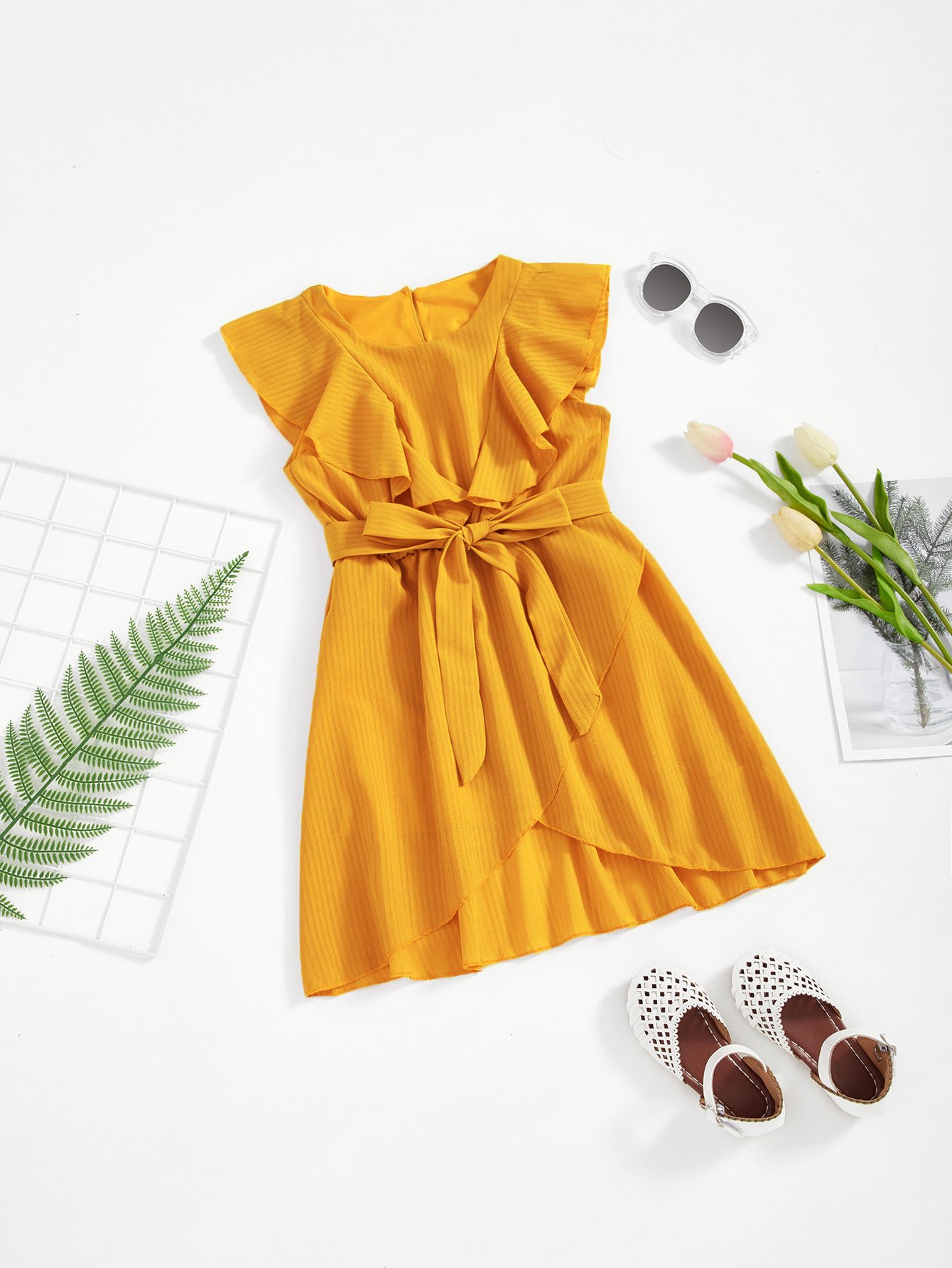 Девушки Flounce Trim Асимметричная обертка Hem Belted Dress