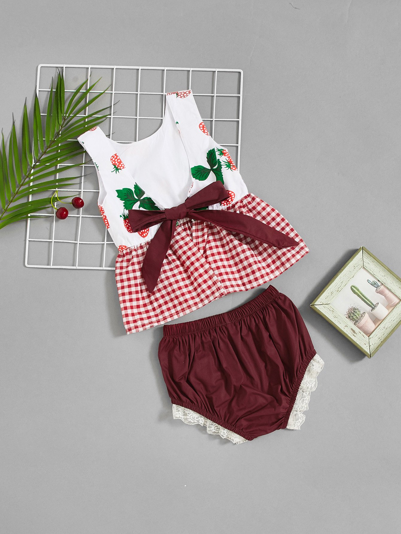 Girls Knot Front Gingham Top With Lace Trim Shorts
