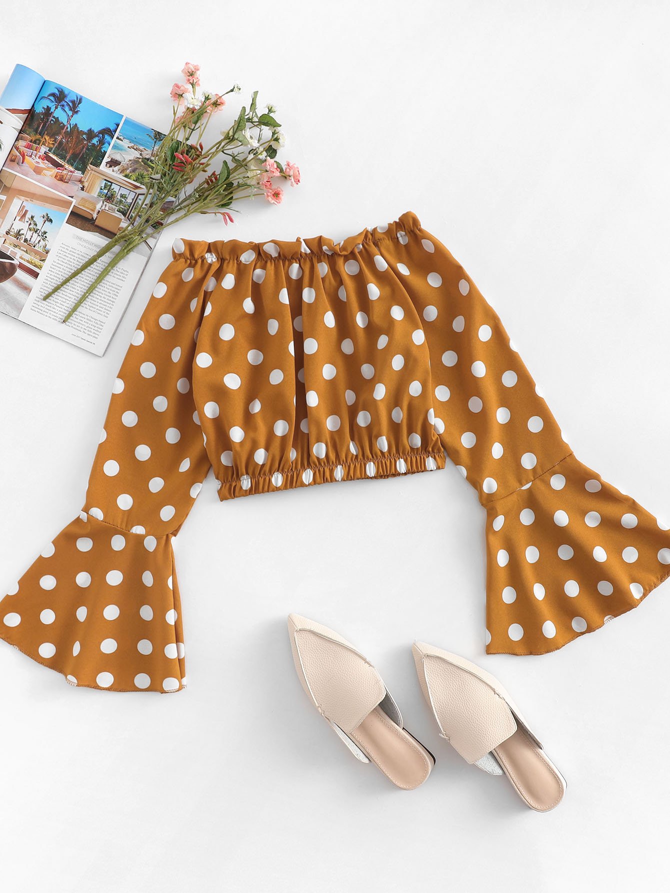 Polka Dot Frill Trim Off The Shoulder Blouse