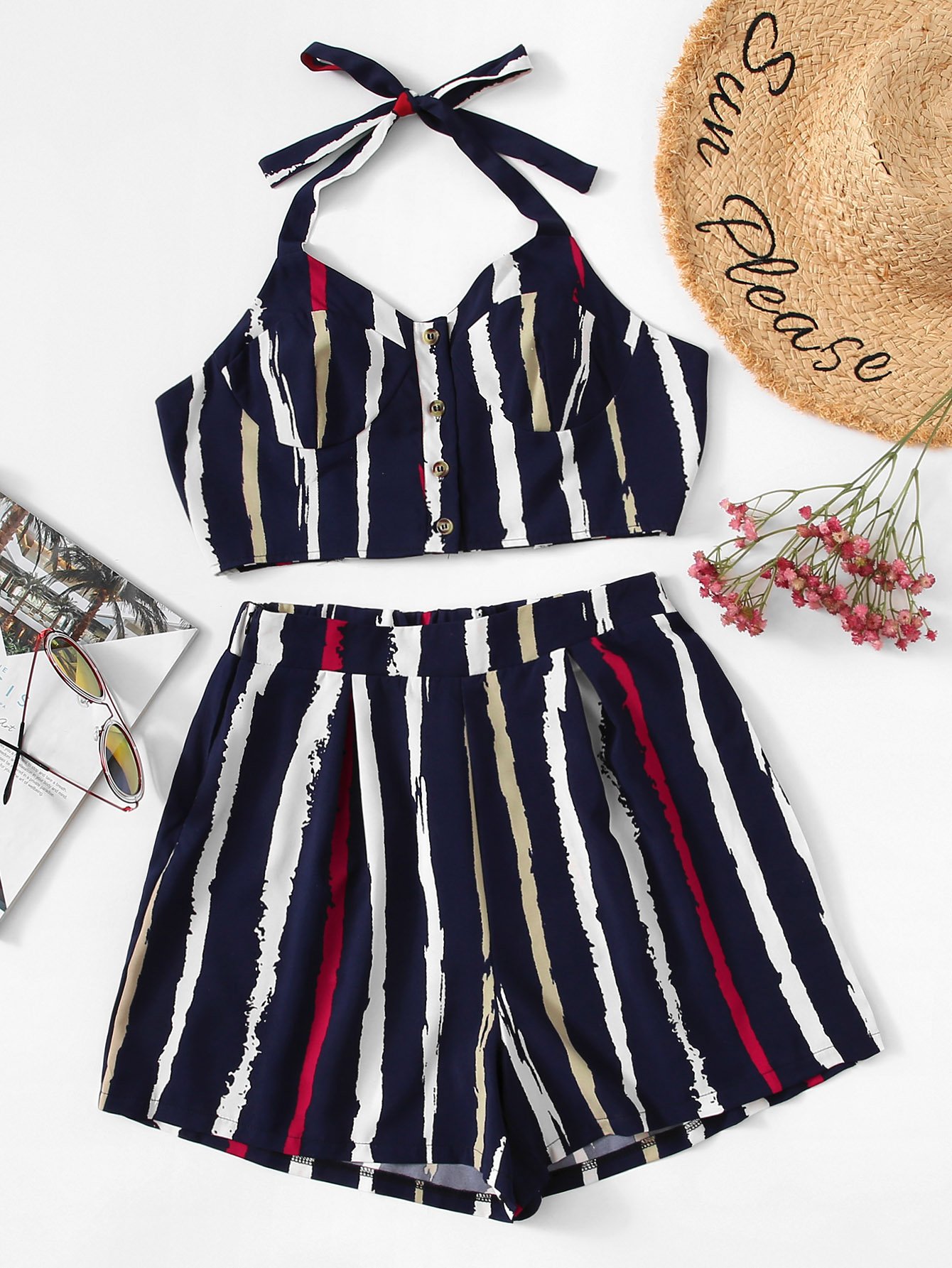 Striped Single Breasted Halter Top With Shorts
