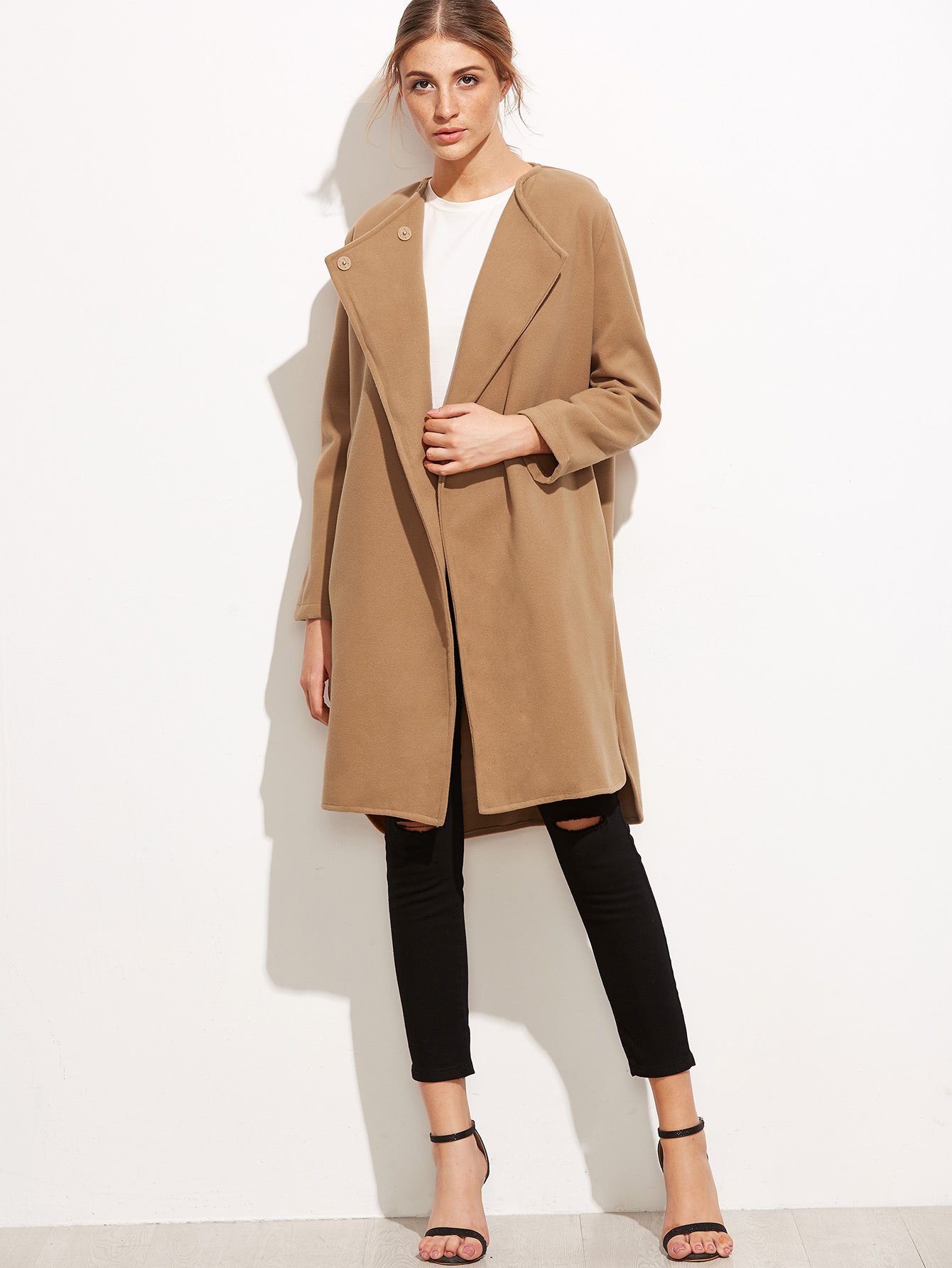 Khaki Slit Side Curved Hem Coat