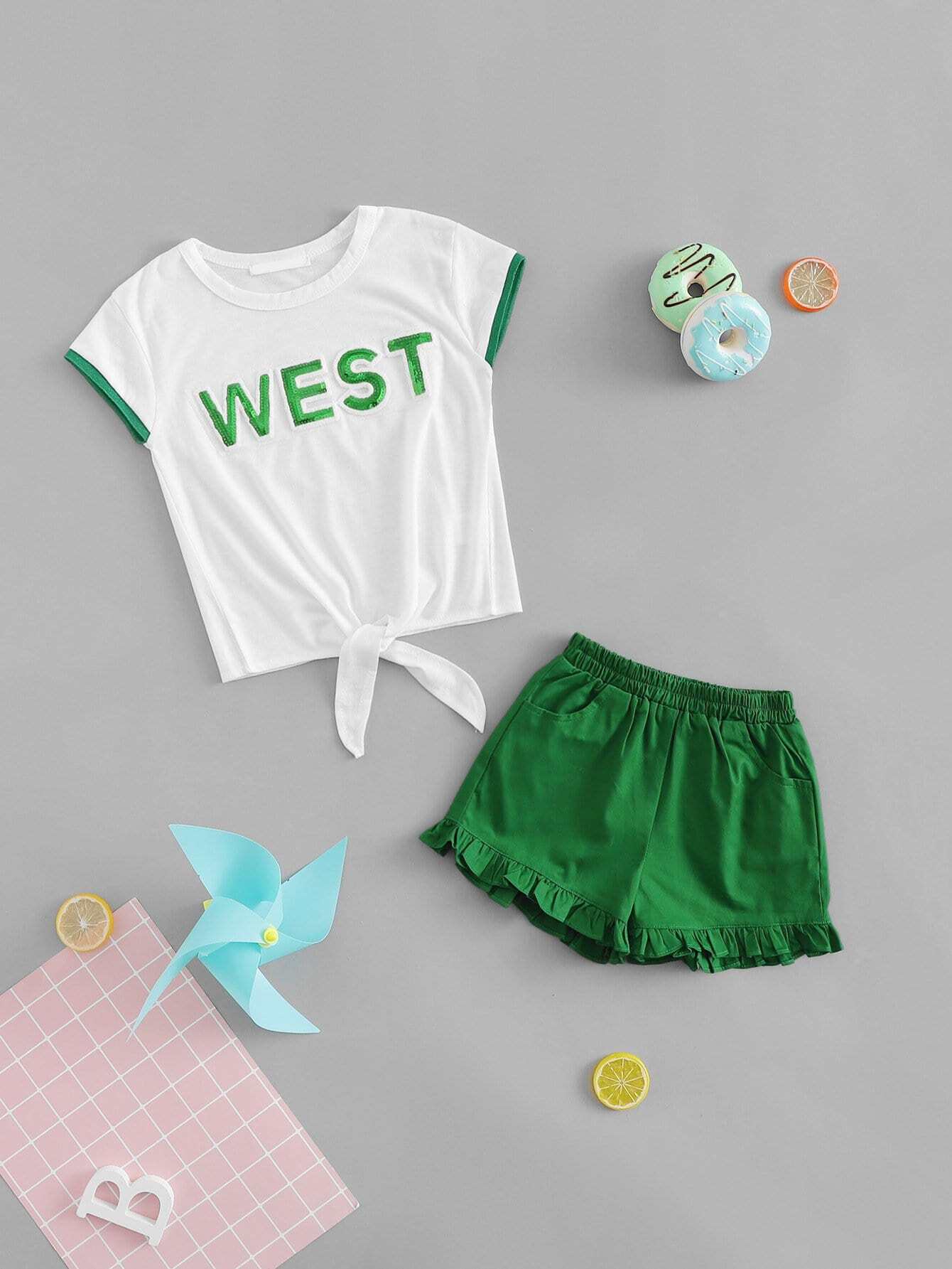 Девочка Letter Sequin Contrast Top & Shorts Set