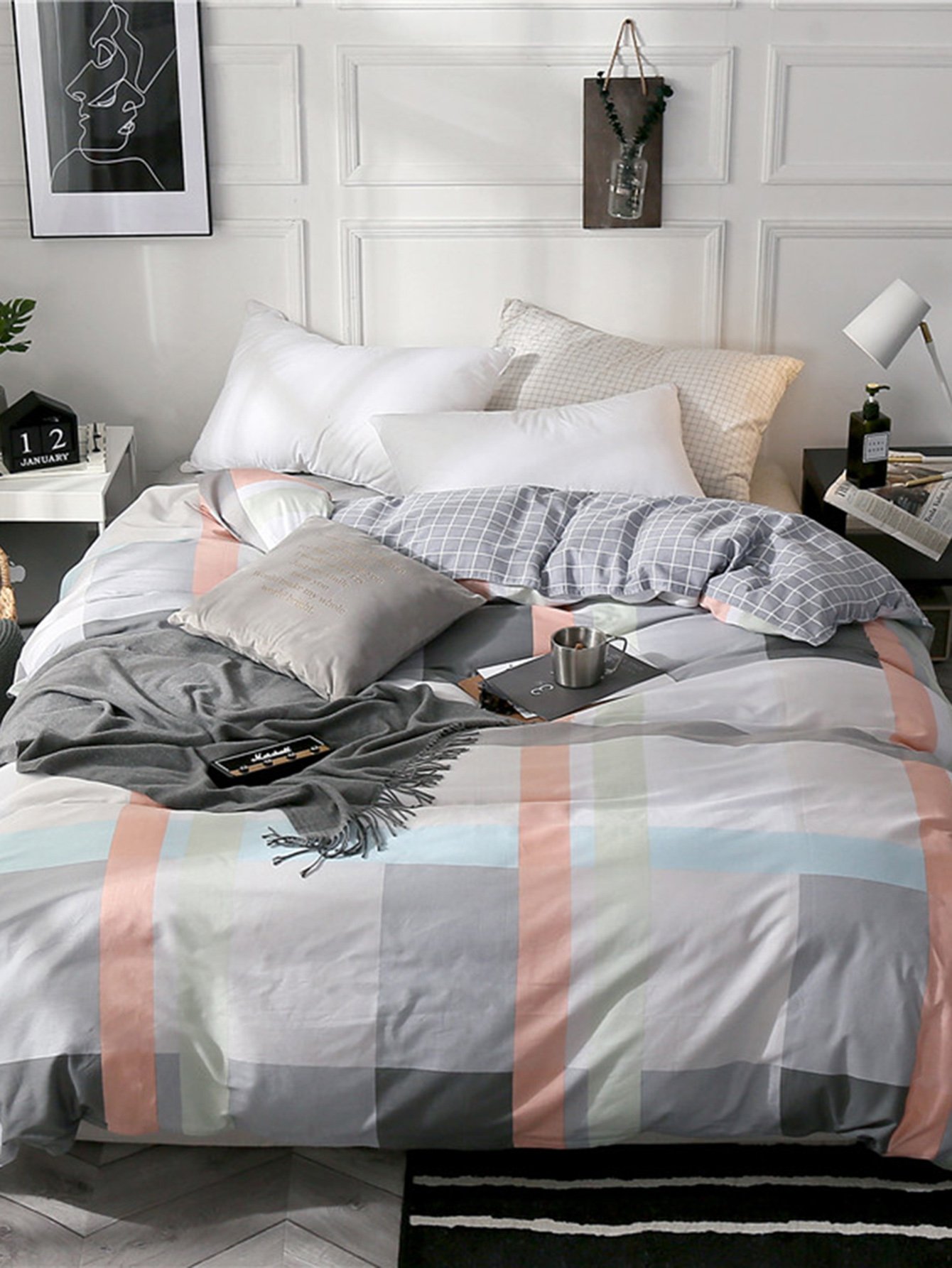 Contrast Striped & Plaid Print Duvet Cover 1 PC