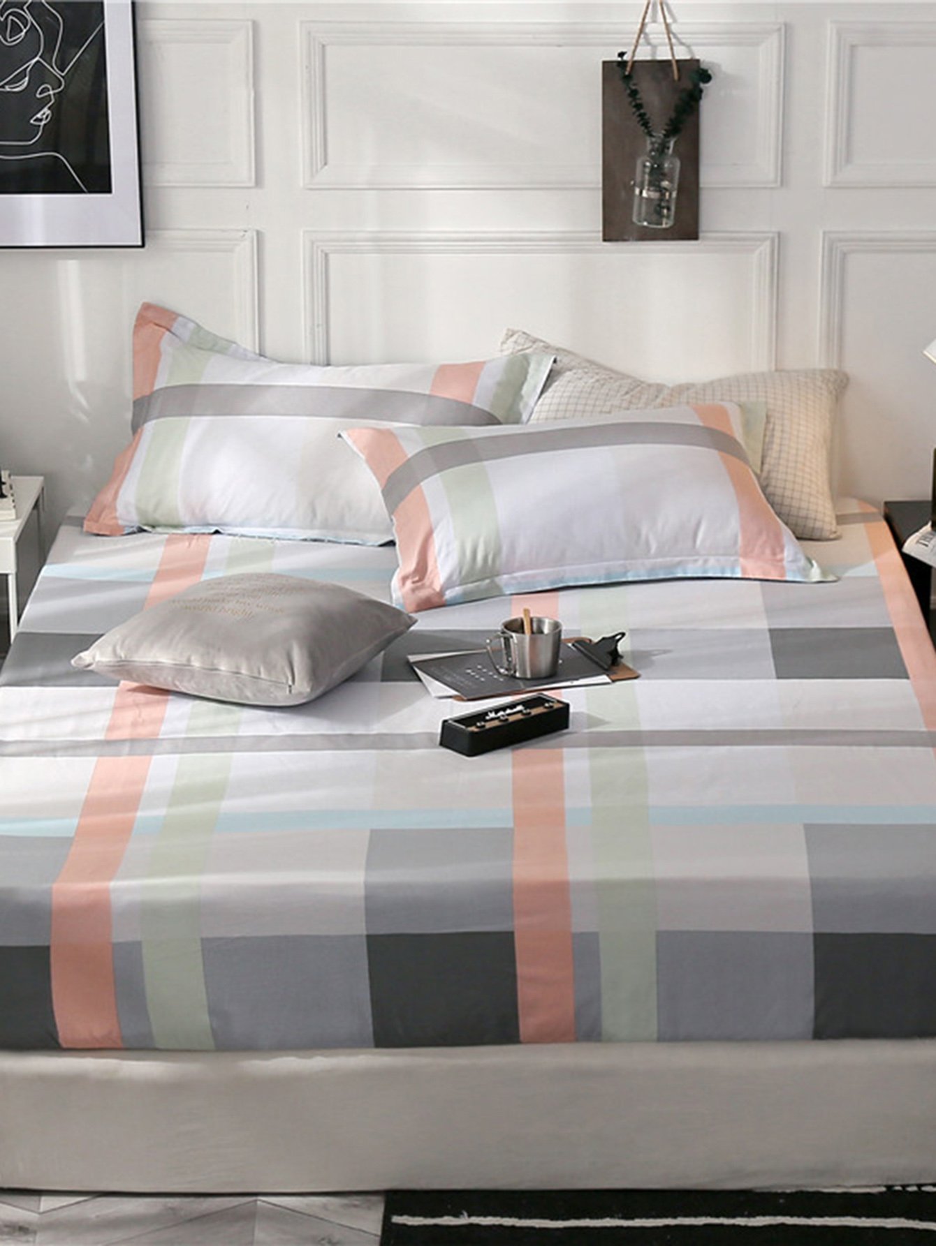 Contrast Plaid & Striped Print Fitted Sheet 1 PC
