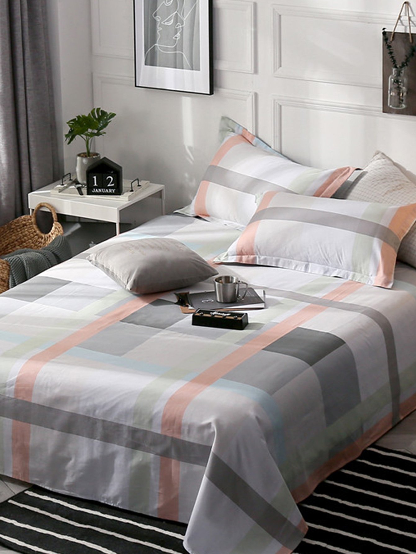 Contrast Plaid & Striped Print Flat Sheet 1 PC