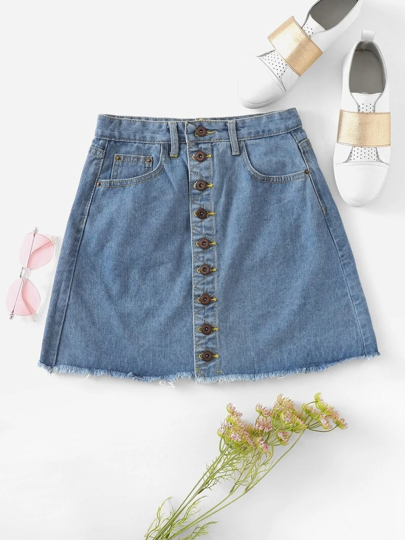 Denim Skirt Pattern Hem Raw Button Through HnU6tt