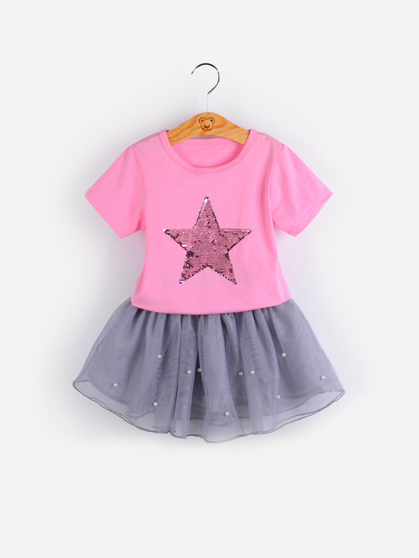 Girls Contrast Sequin Tee With Pearl Beaded Skirt