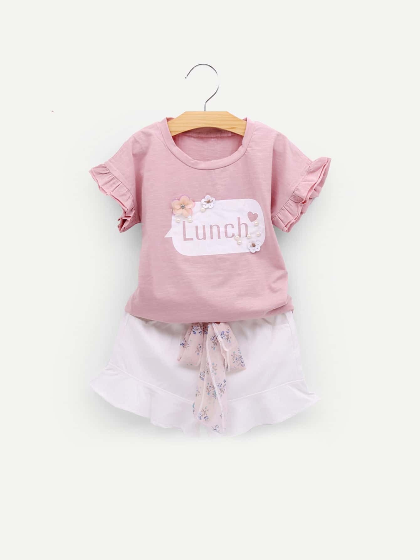 Girls Stereo Flowers Letter Print Tee With Self Tie Shorts