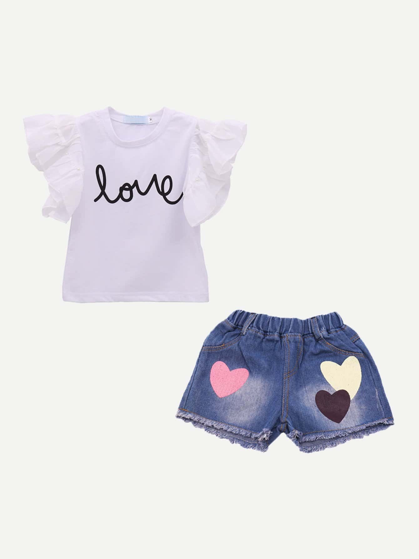 Girls Ruffle Sleeve Letter Print Top With Denim Shorts