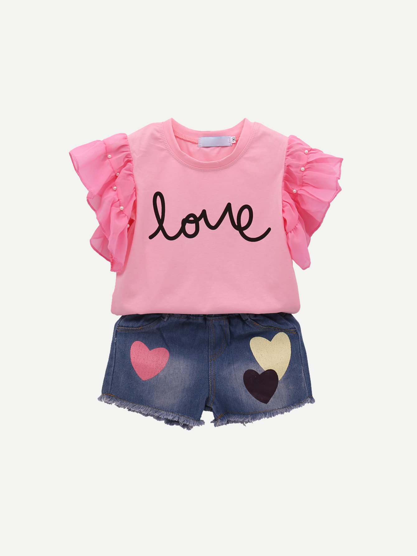 Girls Ruffle Sleeve Letter Print Top With Denim Shorts