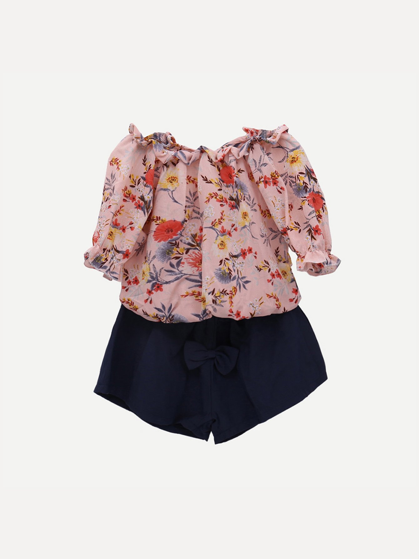 Girls Floral Print Off Shoulder Top With Shorts