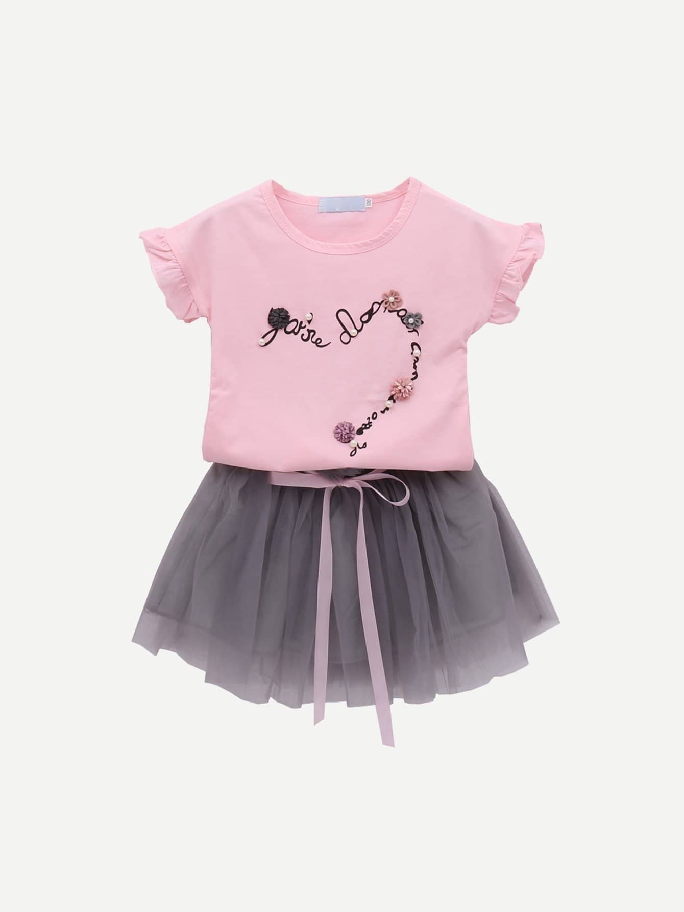 Girls Stereo Flowers Letter Print Tee With Skirt