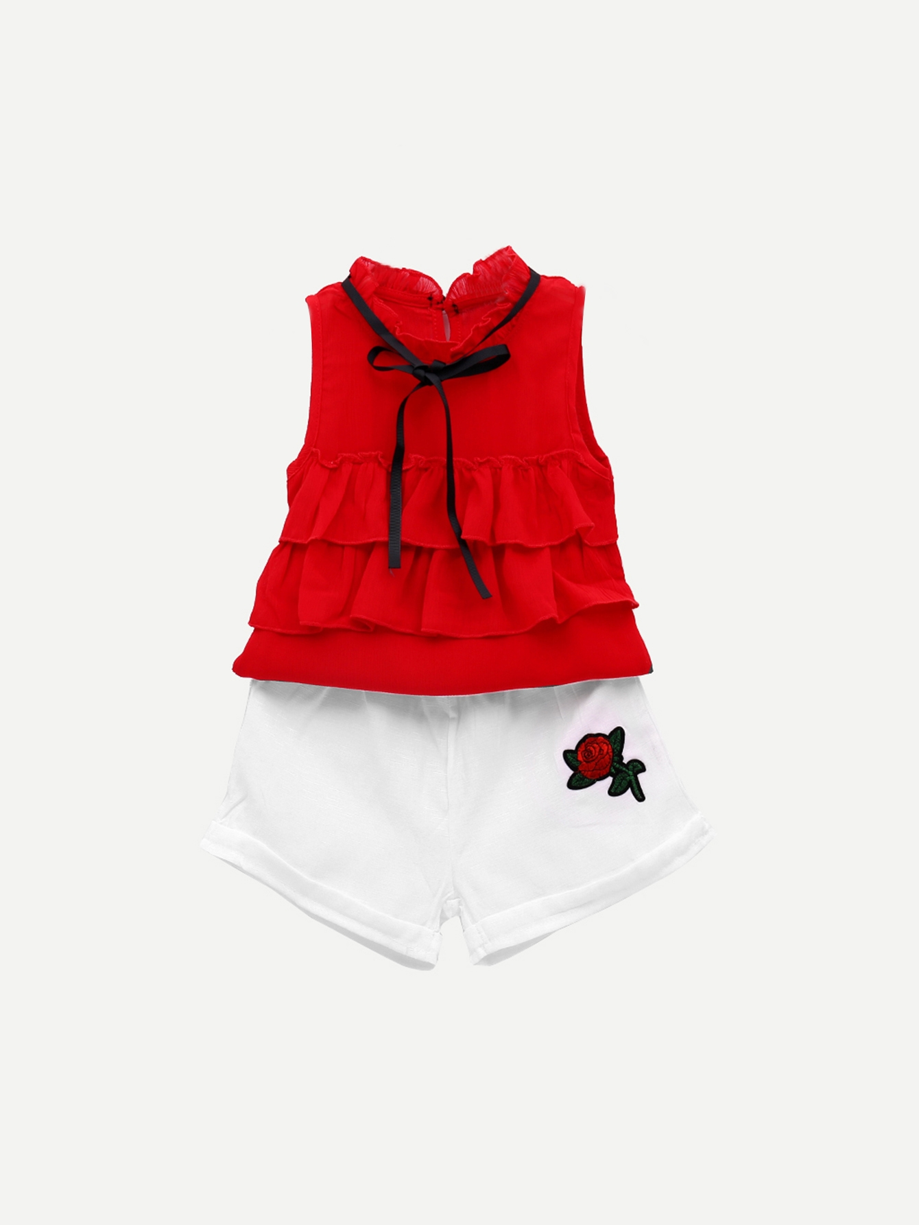 Girls Tie Neck Ruffle Hem Top With Appliques Shorts