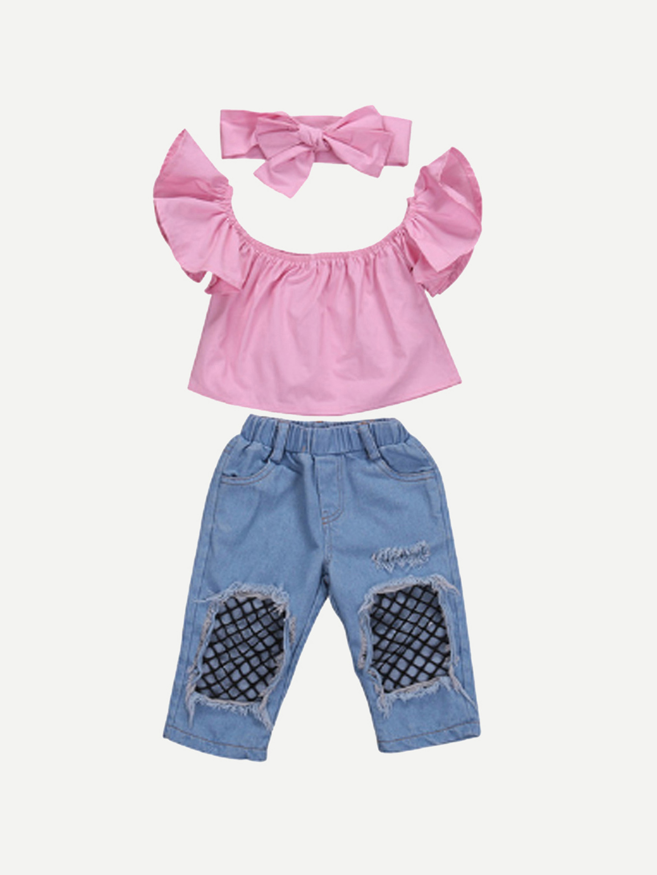 Girls Solid Off Shoulder Top & Jeans Headband