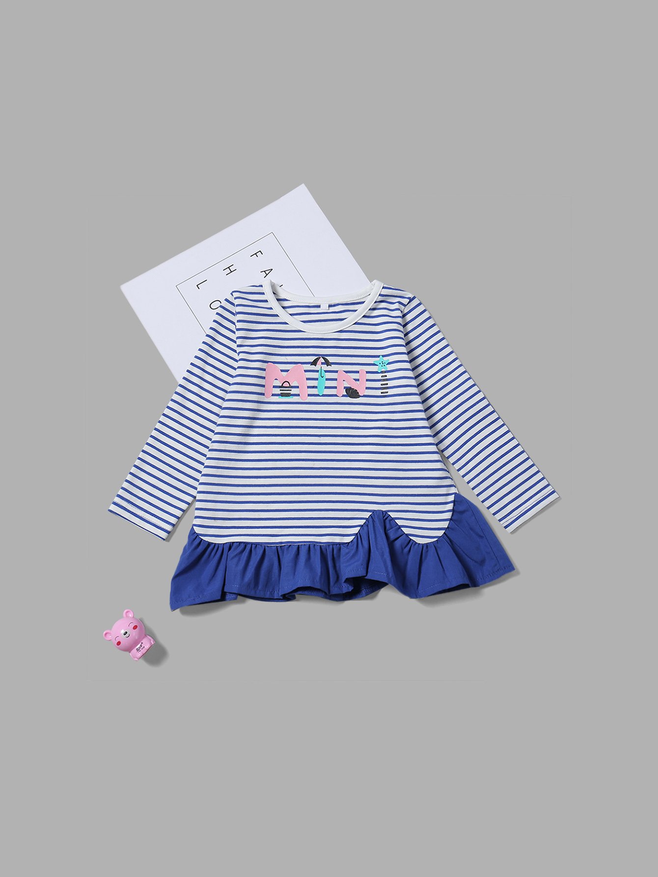 Girls Ruffle Hem Striped Letter Print Blouse