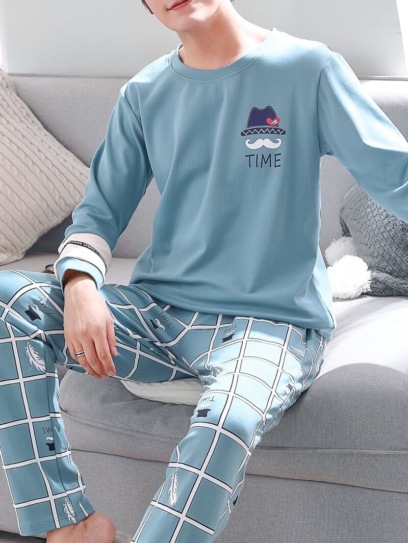 Men Cartoon Print Plaid Pajama Set, Green