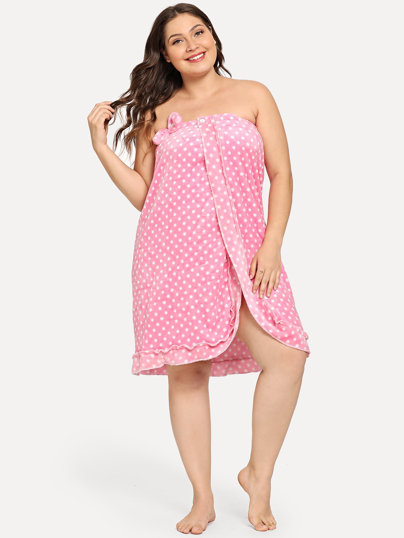 Plus Polka Dot Frill Trim Bathrobe With Shower Cap