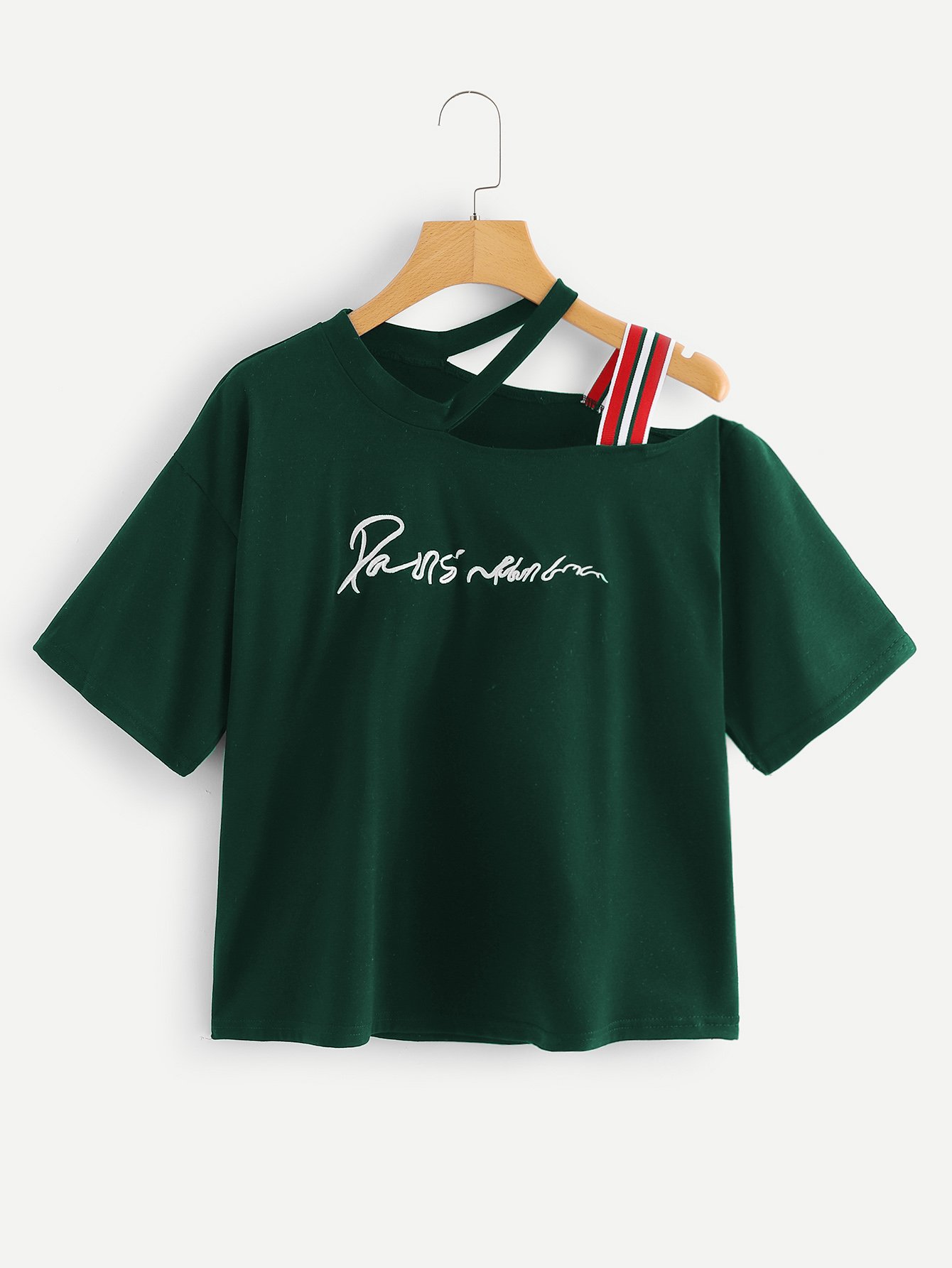 Plus Asymmetrical Neck Slogan Embroidered Tee