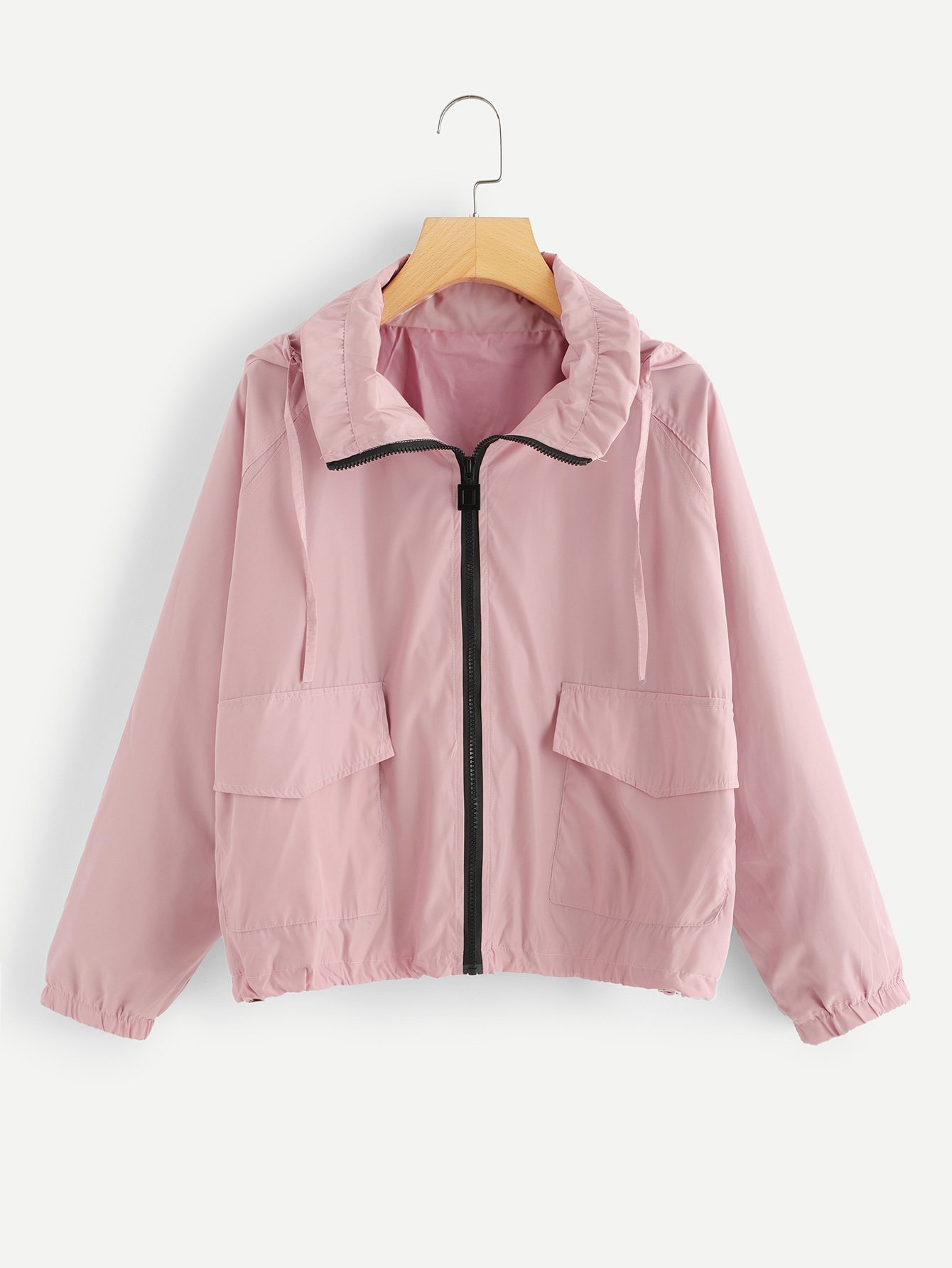 Flap Pocket Front Drawstring Hem Hooded Jacket